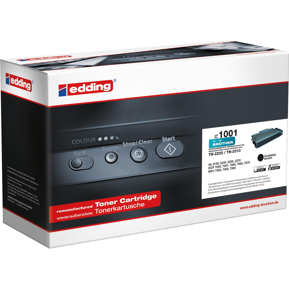 Scatola cartuccia toner bianco e nero con dettagli prodotto e logo Edding.