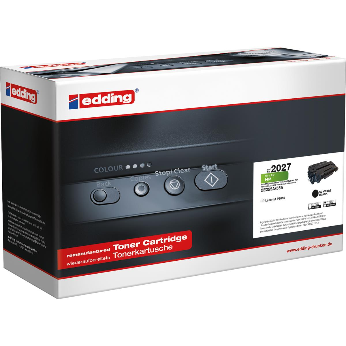 Scatola di toner nero. Testo: cartuccia toner rigenerata. Marchio: edding. Sfondo bianco.