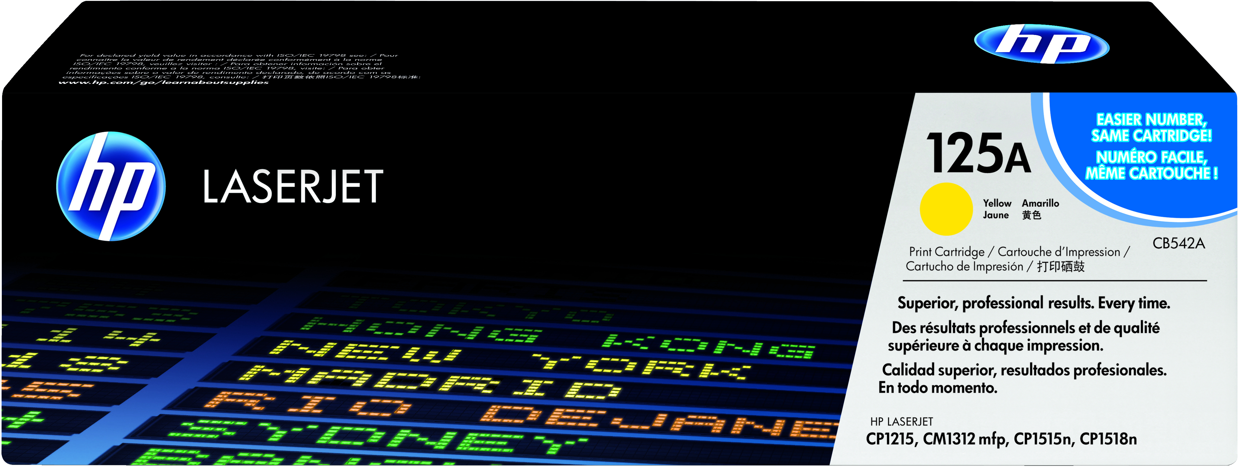 Żółty toner HP LaserJet 125A, z informacjami o produkcie i mapą świata w tle.