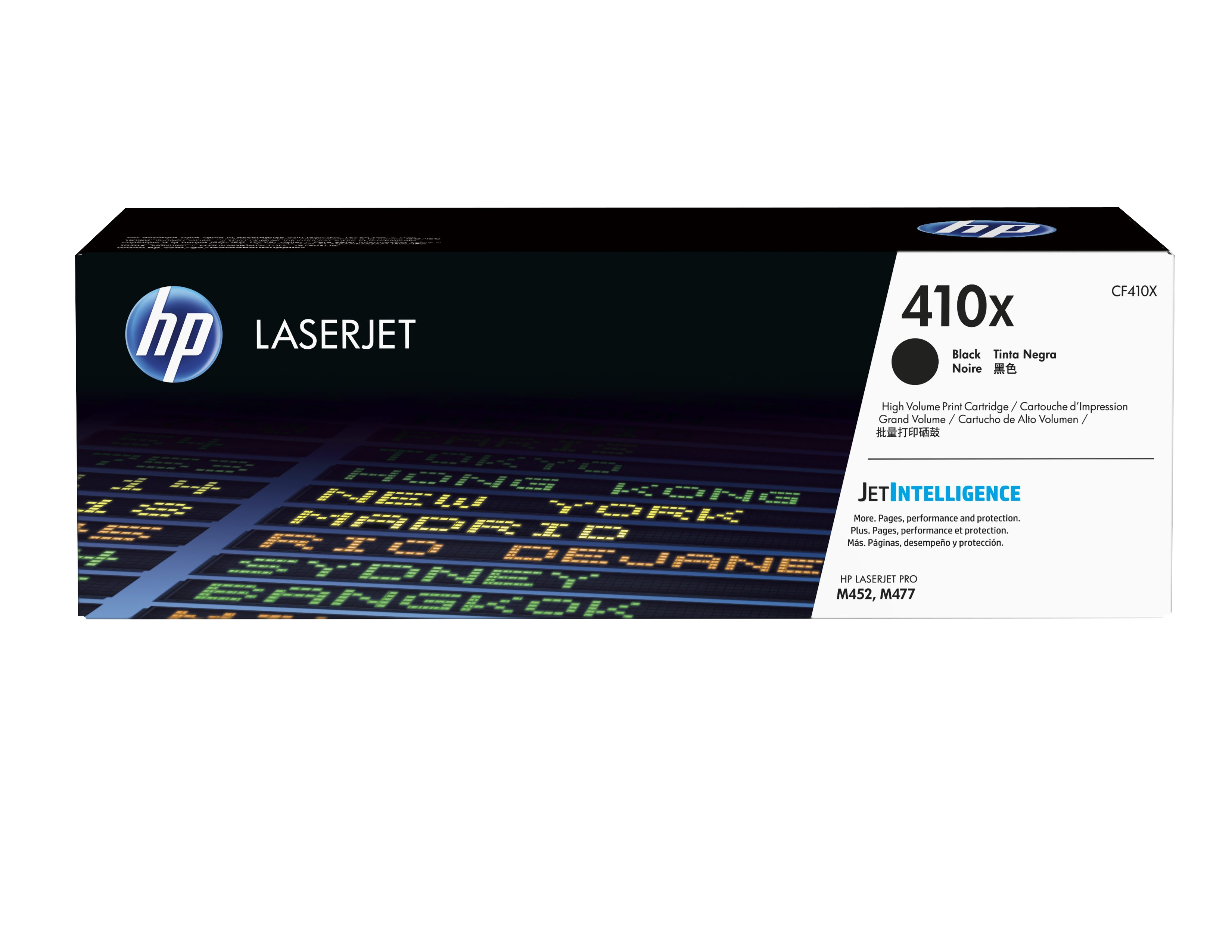 Czarny toner HP LaserJet 410x z wystylizowanym tłem z nazwami miast.