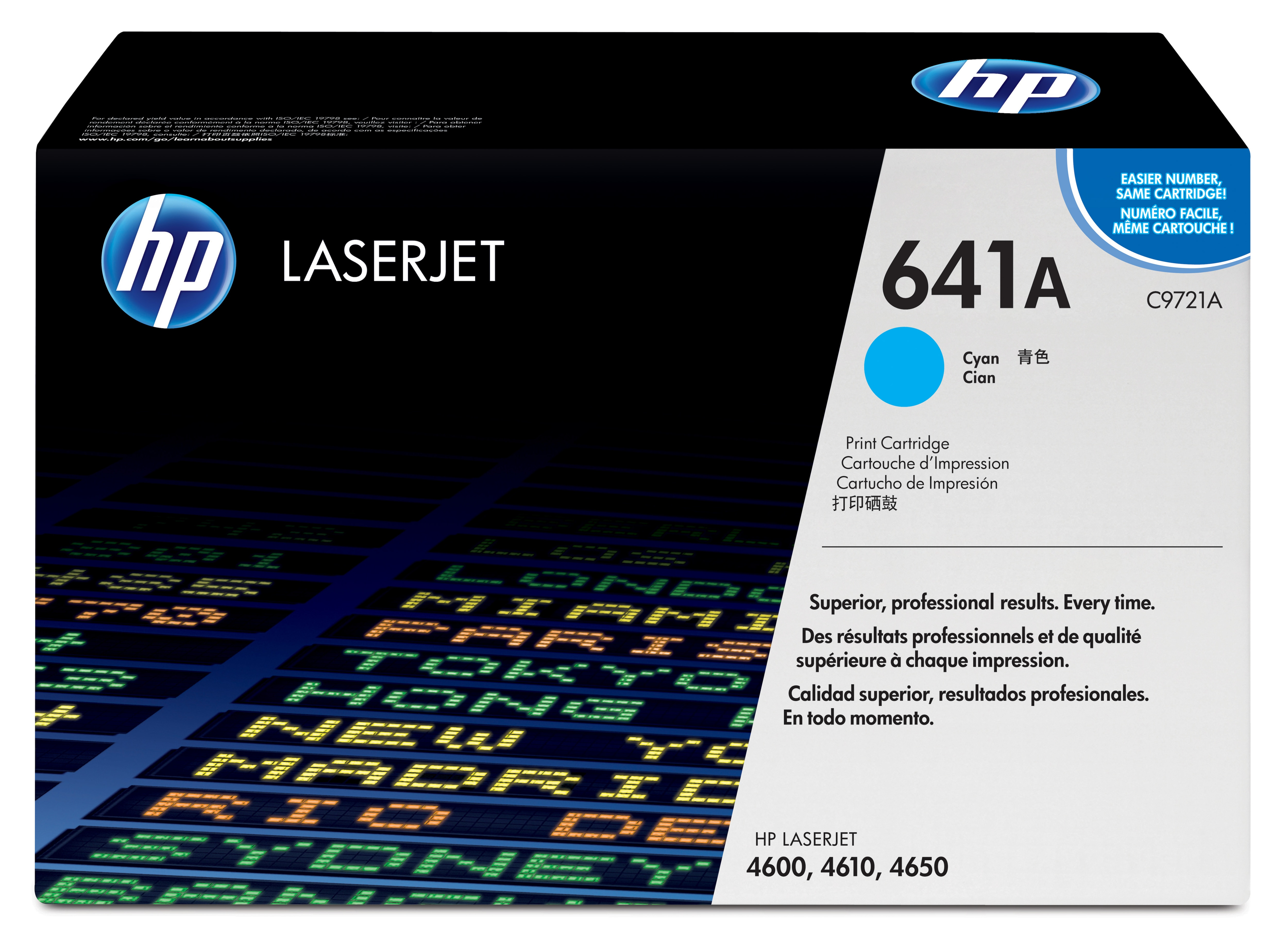 HP LaserJet Cyan-Tintenpatronenbox. Blaues Patronenbild. Weißer Hintergrund.