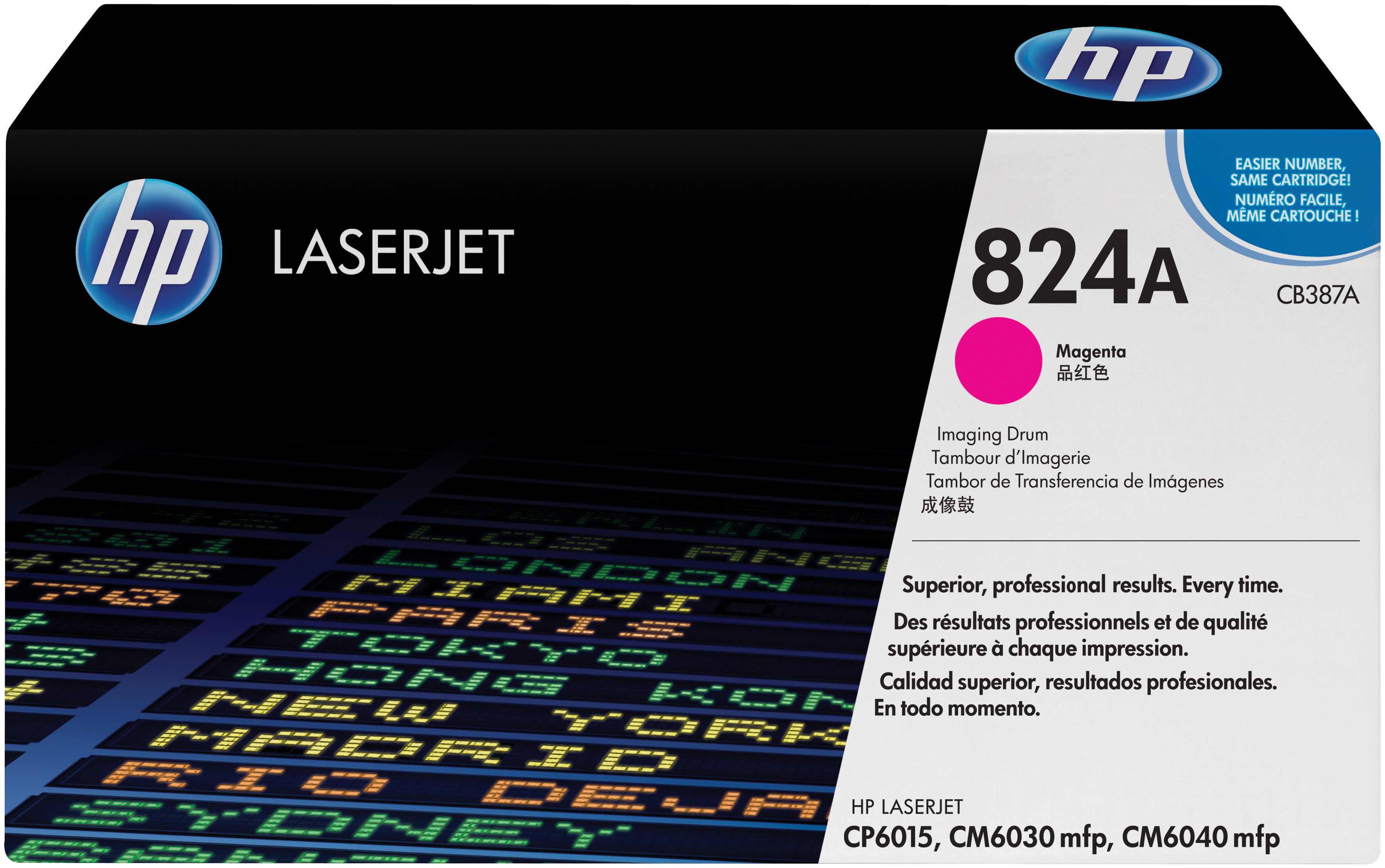 Scatola cartucce stampante HP LaserJet con informazioni inchiostro magenta.