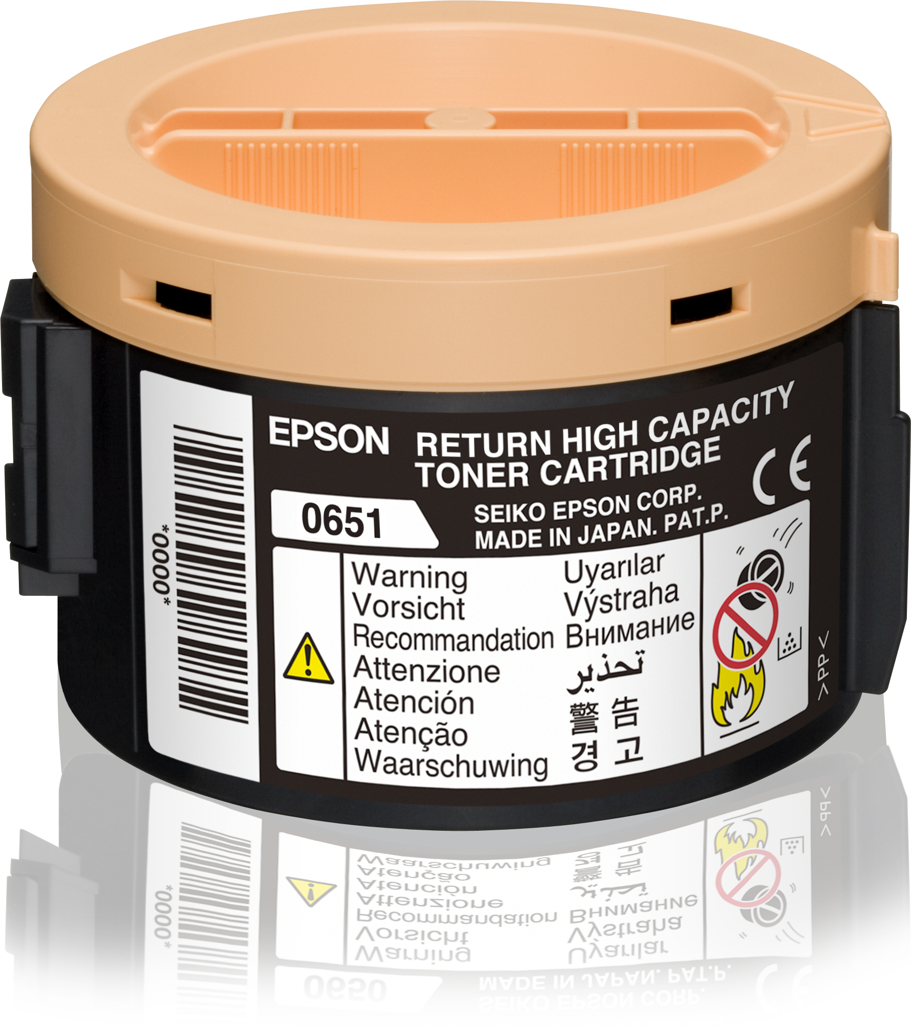 Cartuccia toner Epson con etichette di avvertenza e istruzioni su sfondo bianco.