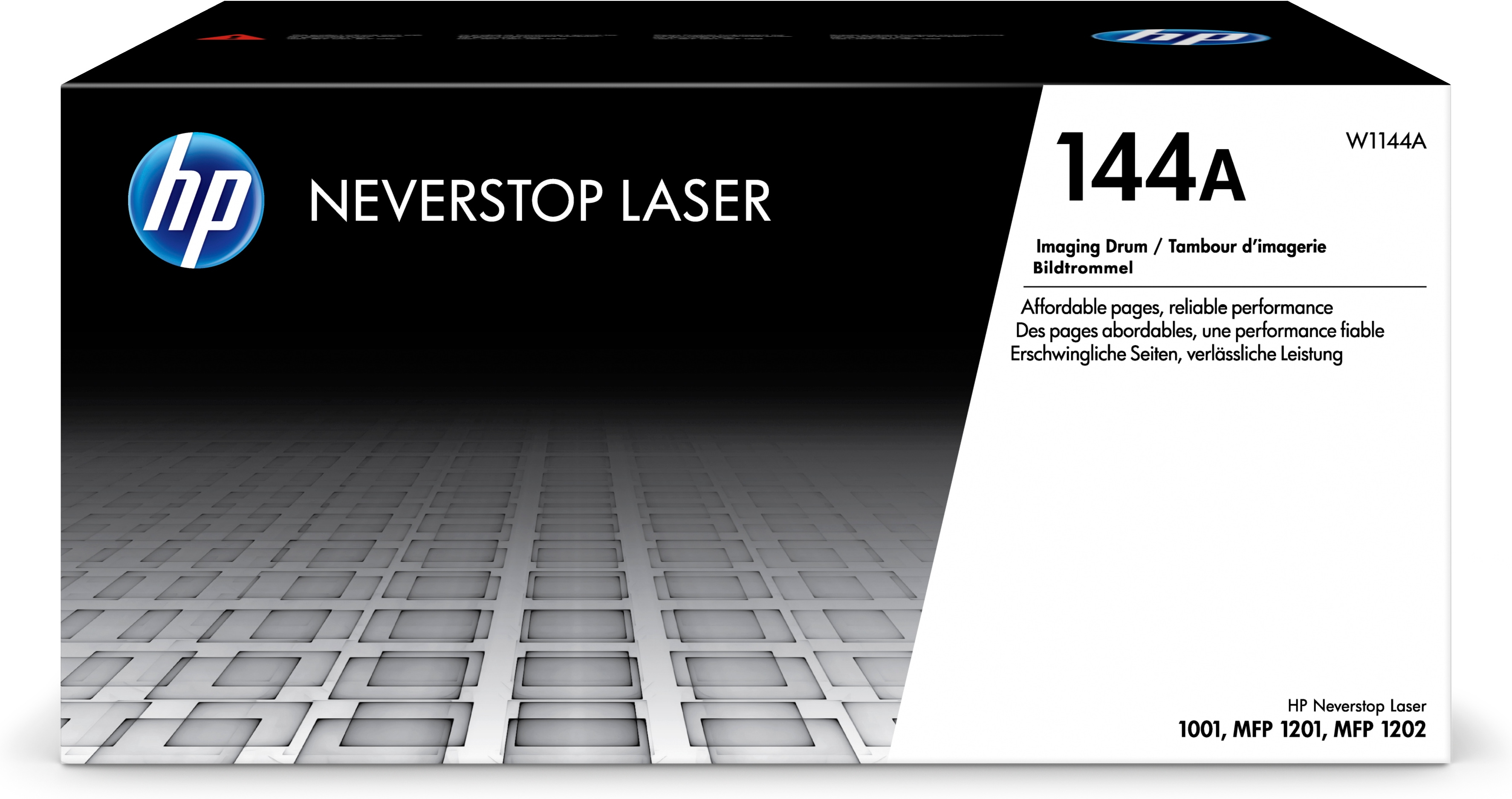 Czarno-biały toner do drukarki HP Neverstop Laser 144A. Tekst zawiera szczegółowe informacje o przystępnych cenowo stronach.