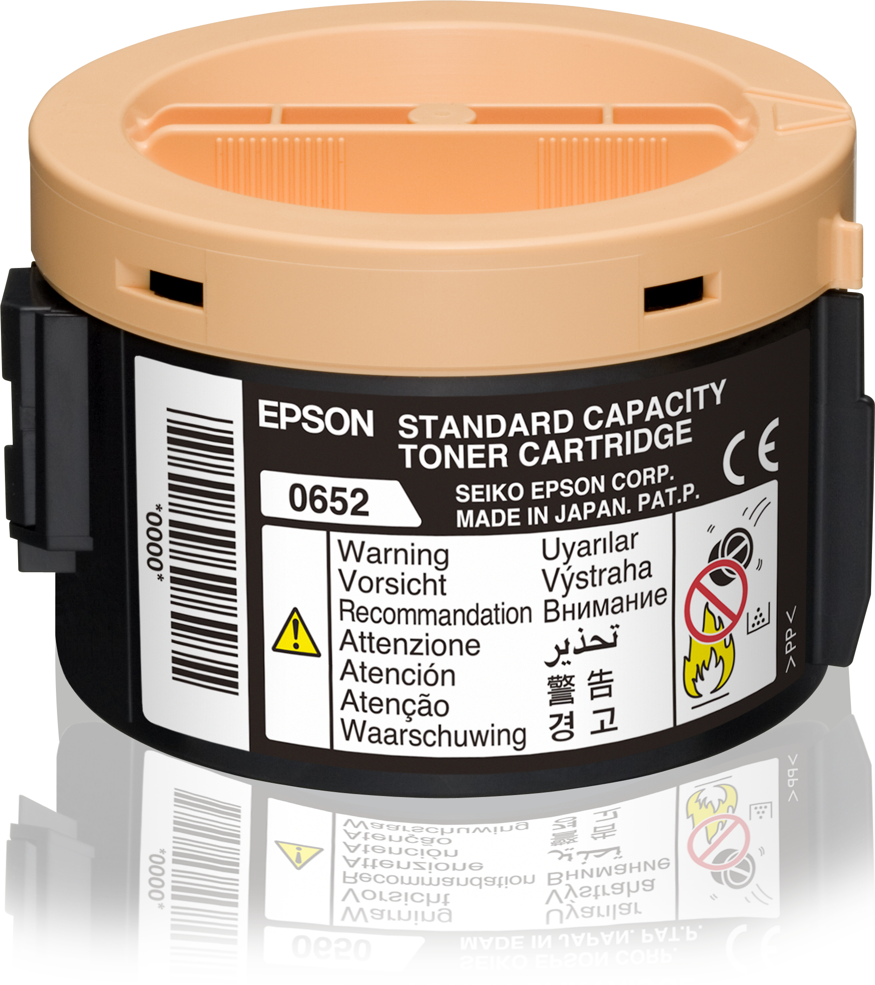 Cartuccia toner Epson nera e beige con etichette di avvertenza. Su superficie bianca.