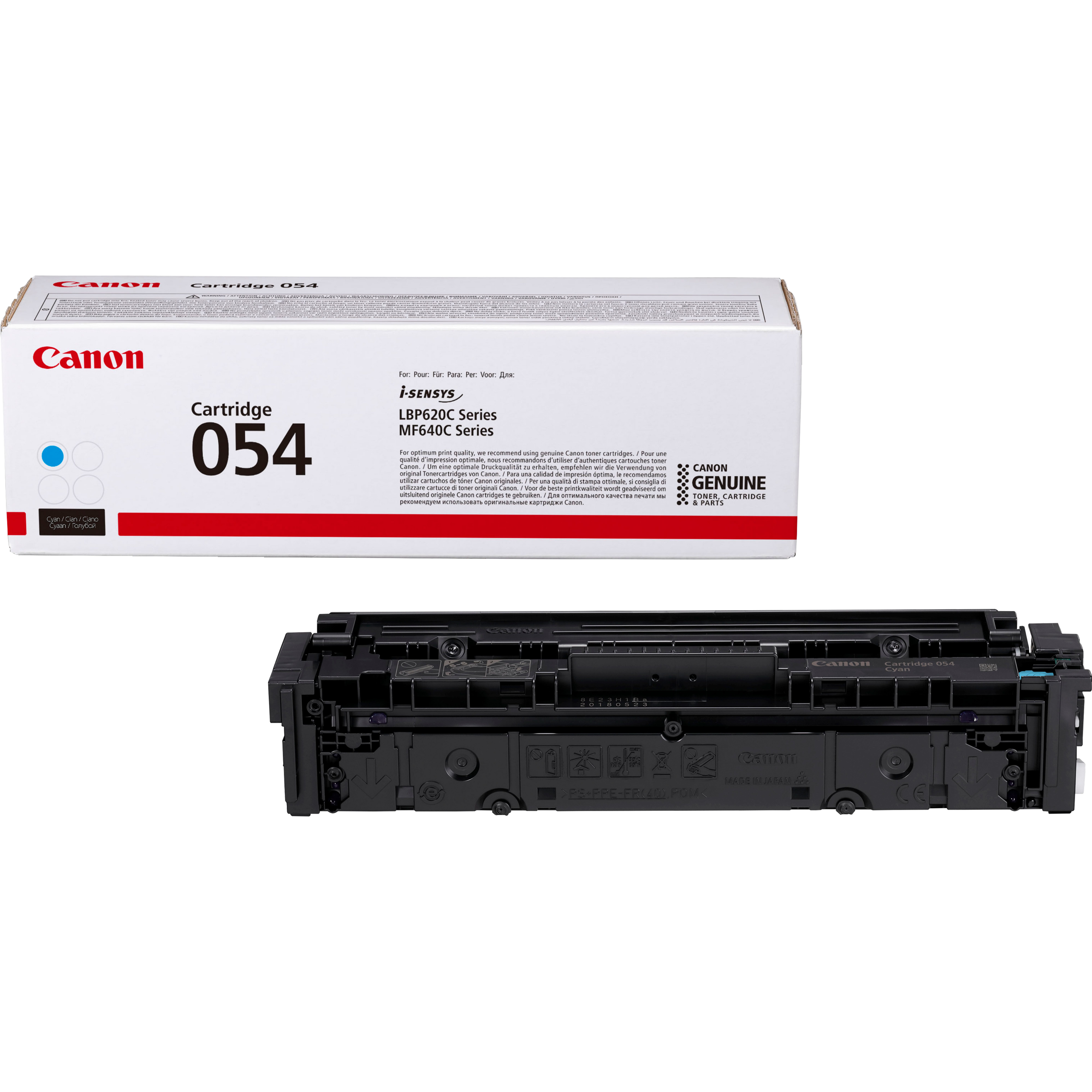 Toner Canon 054 i jego pudełko. Kasetka jest czarna i niebieska.