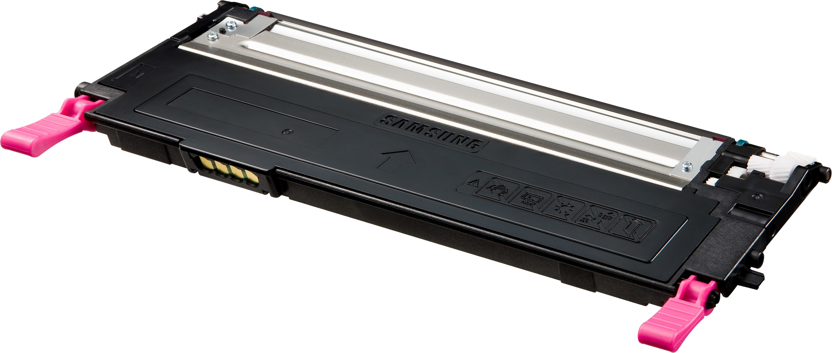 Cartuccia toner per stampante Samsung rosa e nera. Cartuccia nera con leve rosa.