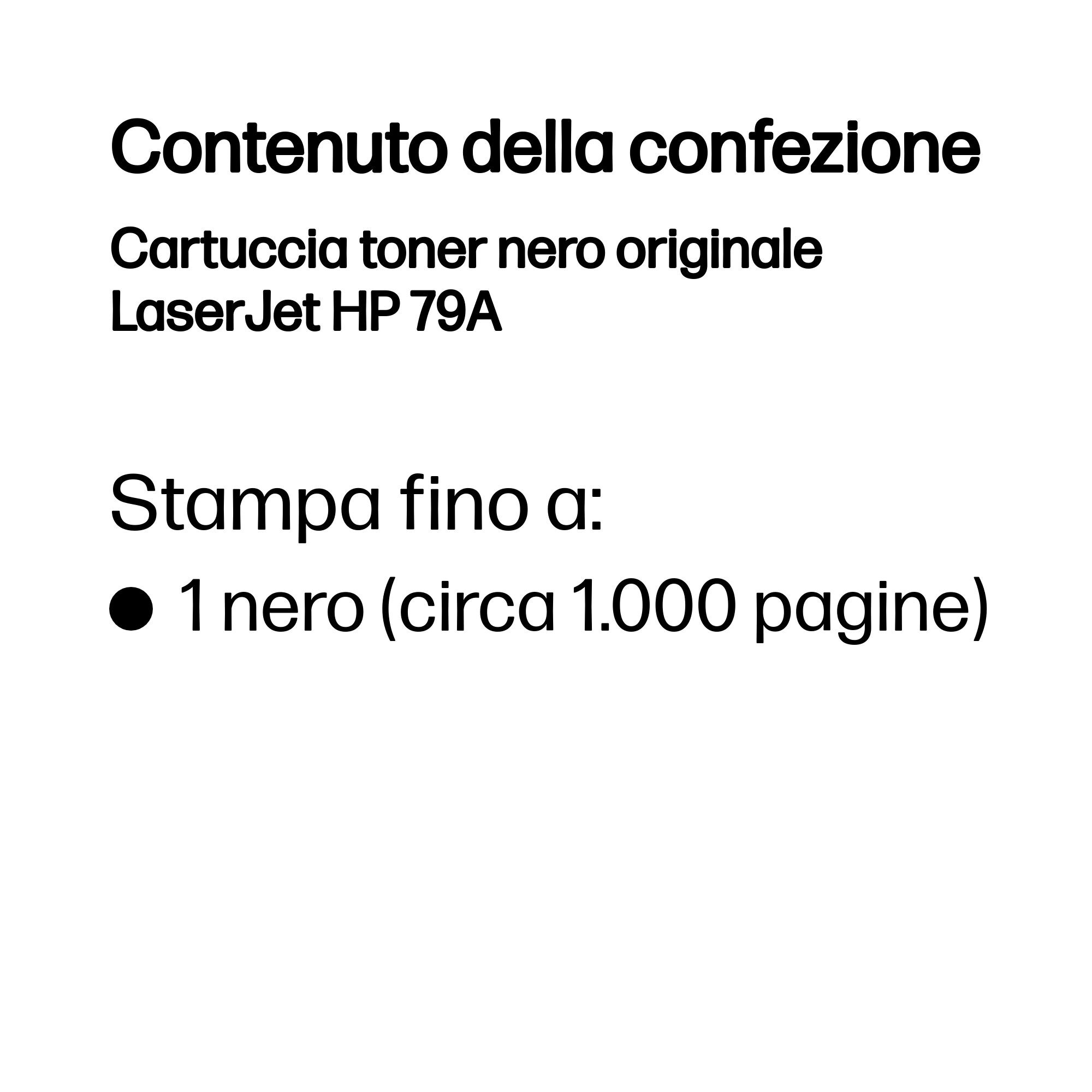 Obraz przedstawia włoski tekst. Wymienia 'Contenuto della confezione' z czarnym tonerem do LaserJet HP 79A.
