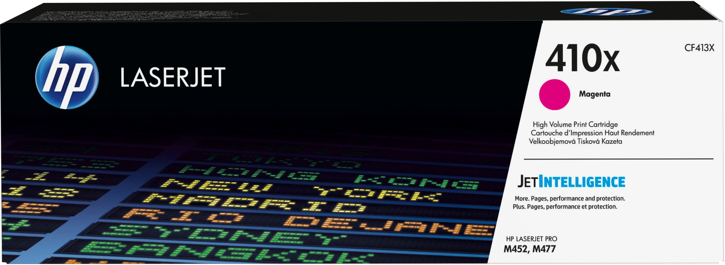 Pudełko z wkładem do drukarki HP LaserJet. Zawiera logo HP, napis 'LaserJet' i szczegóły w kolorze magenta. Informacje lotu.