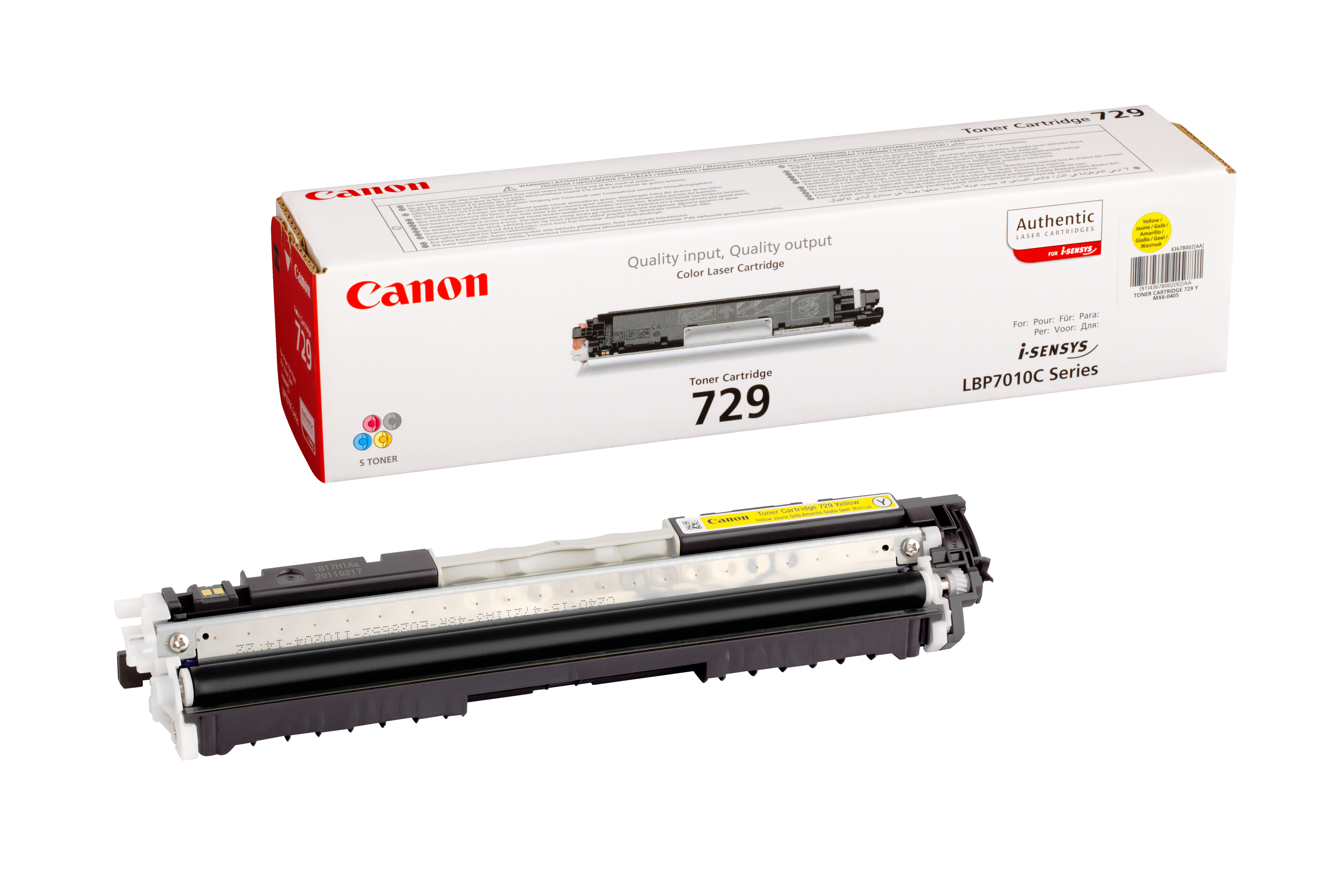 Canon 729 Farb-Lasertoner-Kartuschenbox und Kartusche. Die Tonerkartusche ist gelb, magenta, cyan, schwarz.
