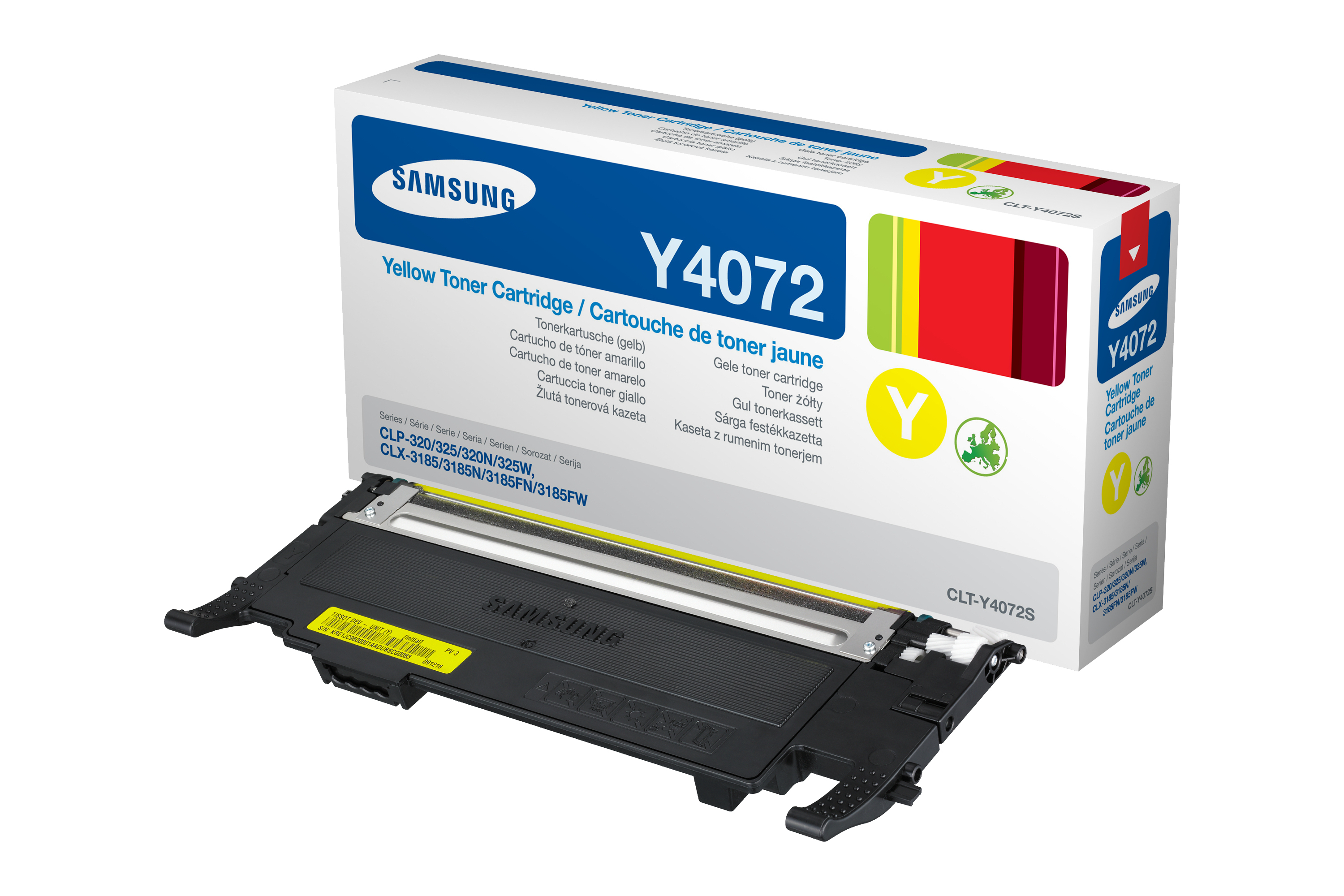 Cartuccia toner gialla Samsung Y4072 nella sua scatola.