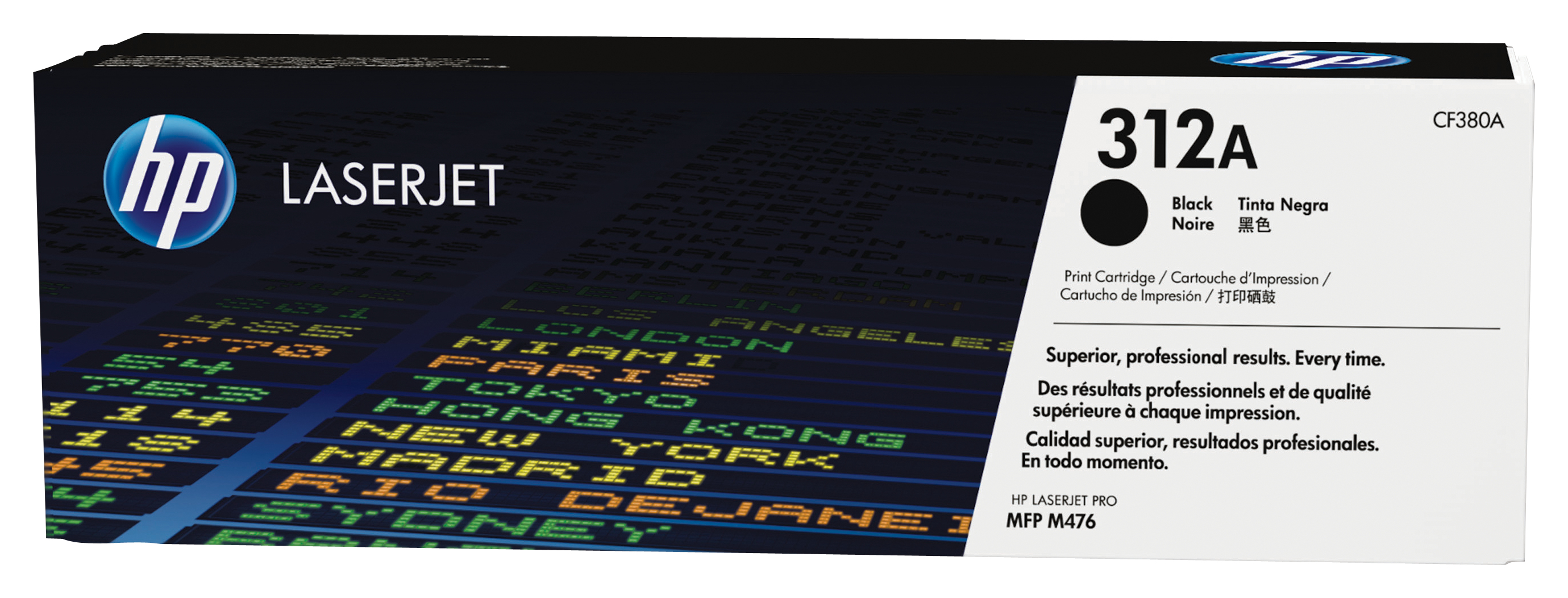 Toner HP LaserJet 312A Czarny z logo HP na ciemnym tle.