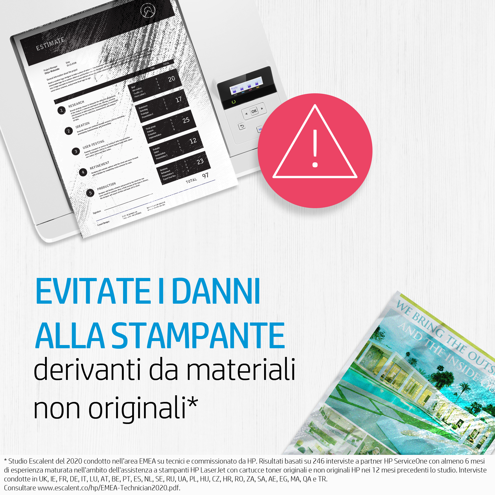 Gedruckte Dokumente, ein offener Drucker mit Ausrufezeichen und Text auf Italienisch.