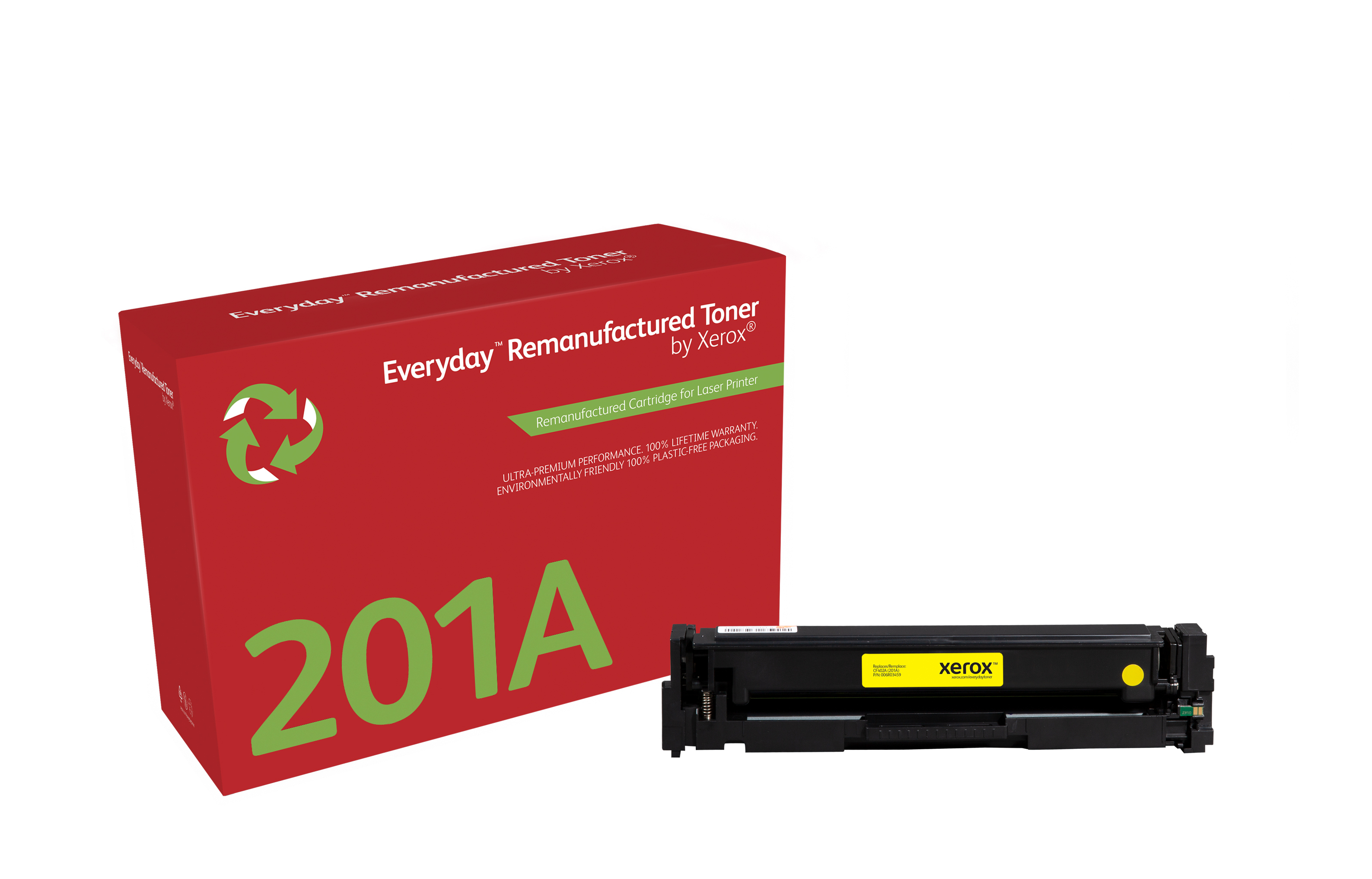 Scatola rossa con cartuccia toner gialla, contrassegnata '201A' e logo Xerox.