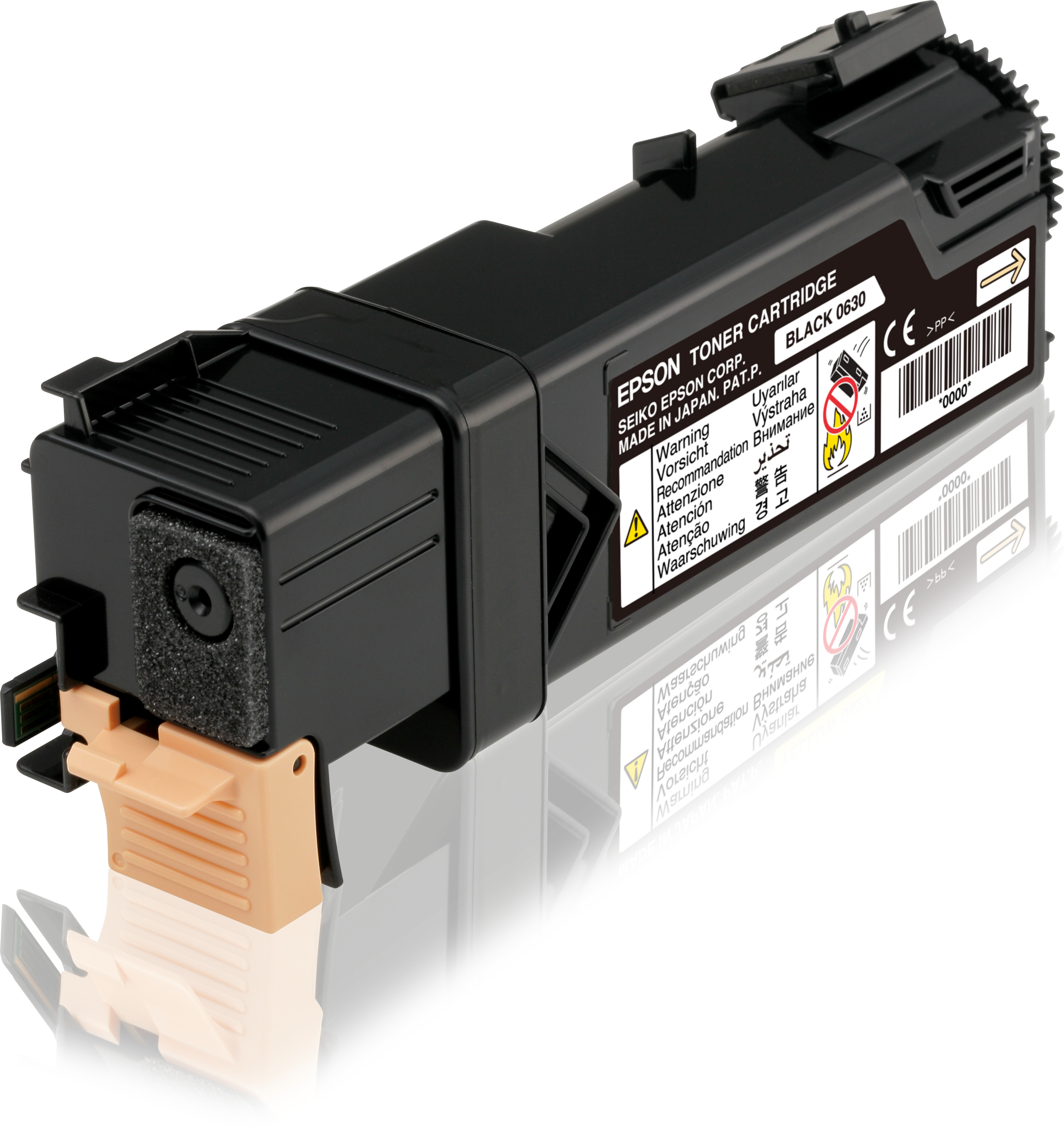 Cartuccia toner Epson nera con etichette di avvertenza. Informazioni su marca e modello visibili.