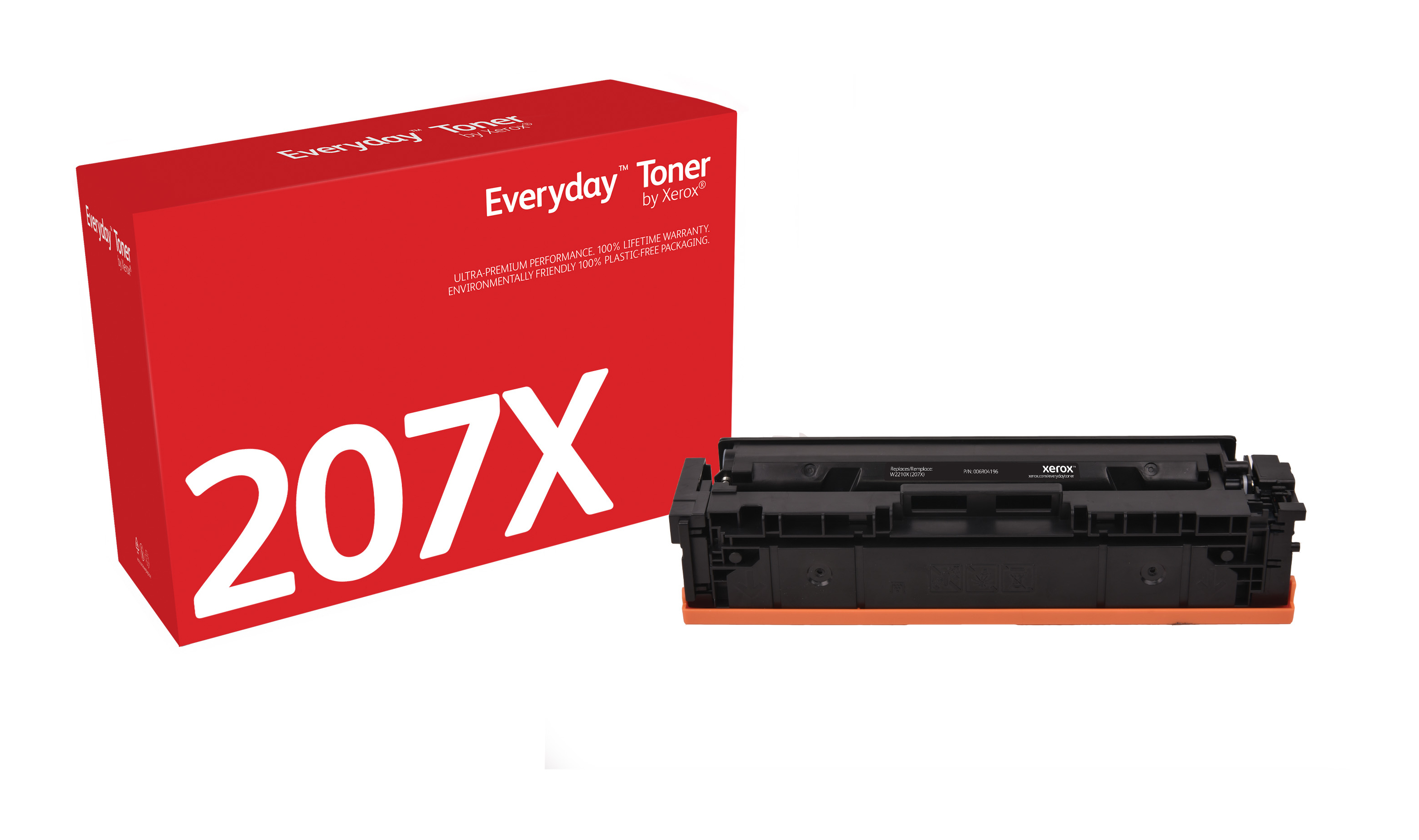 Czerwone pudełko Xerox Everyday Toner 207X, z wkładem obok, na białym tle.