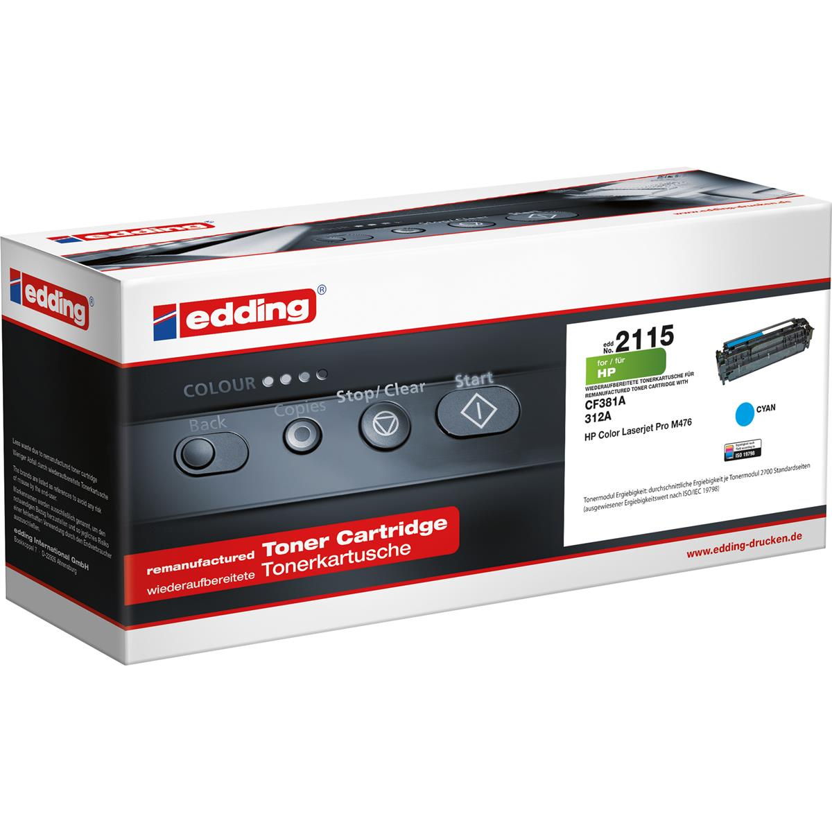 Białe pudełko z 'edding' i wkład z tonerem z przyciskami oraz niebieski wkład z tonerem.