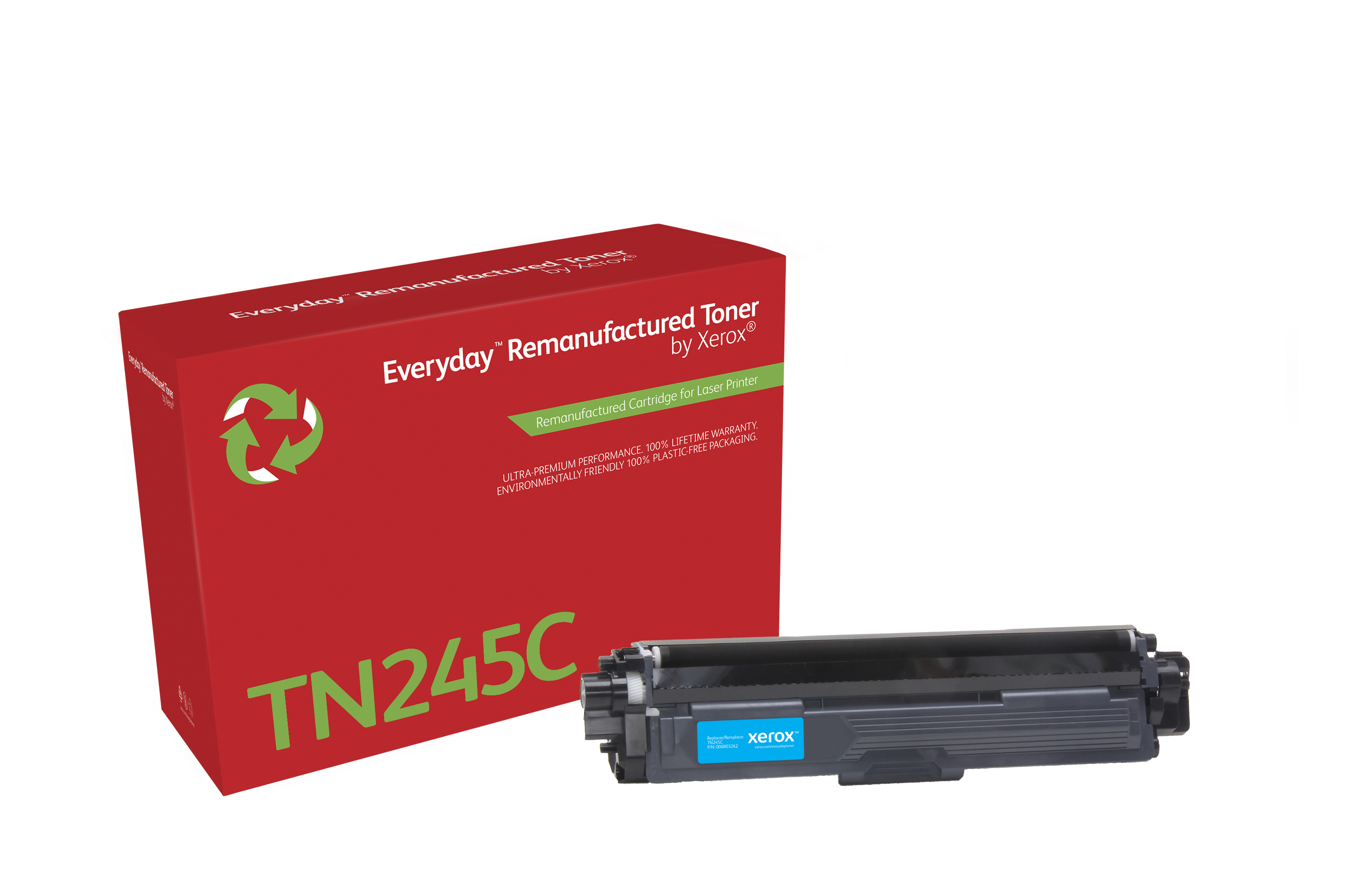 Rode en witte doos met groen recyclingsymbool en zwarte en blauwe tonercartridge.