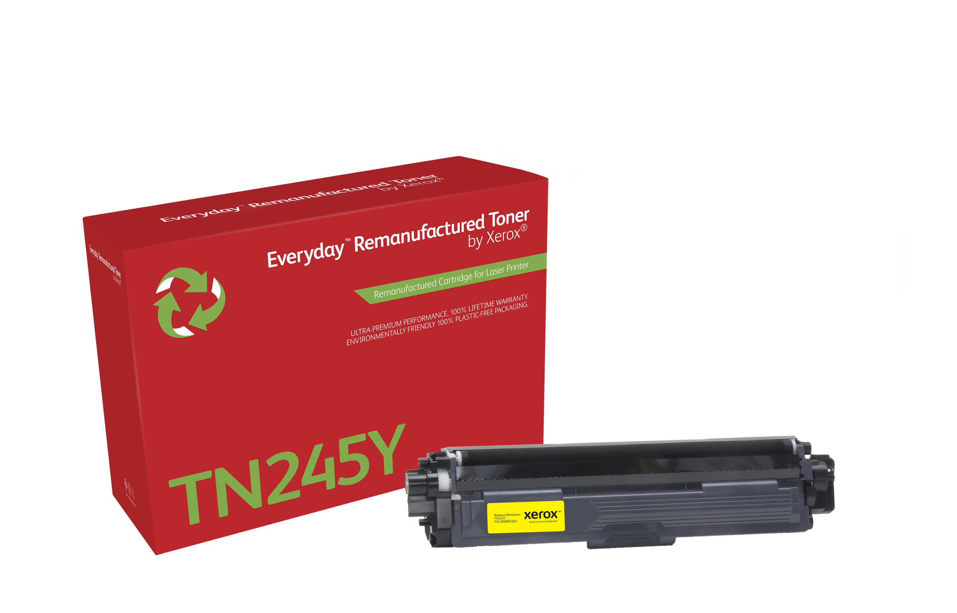 Een tonercartridge en een doos. Rode doos, gele toner. Witte achtergrond.