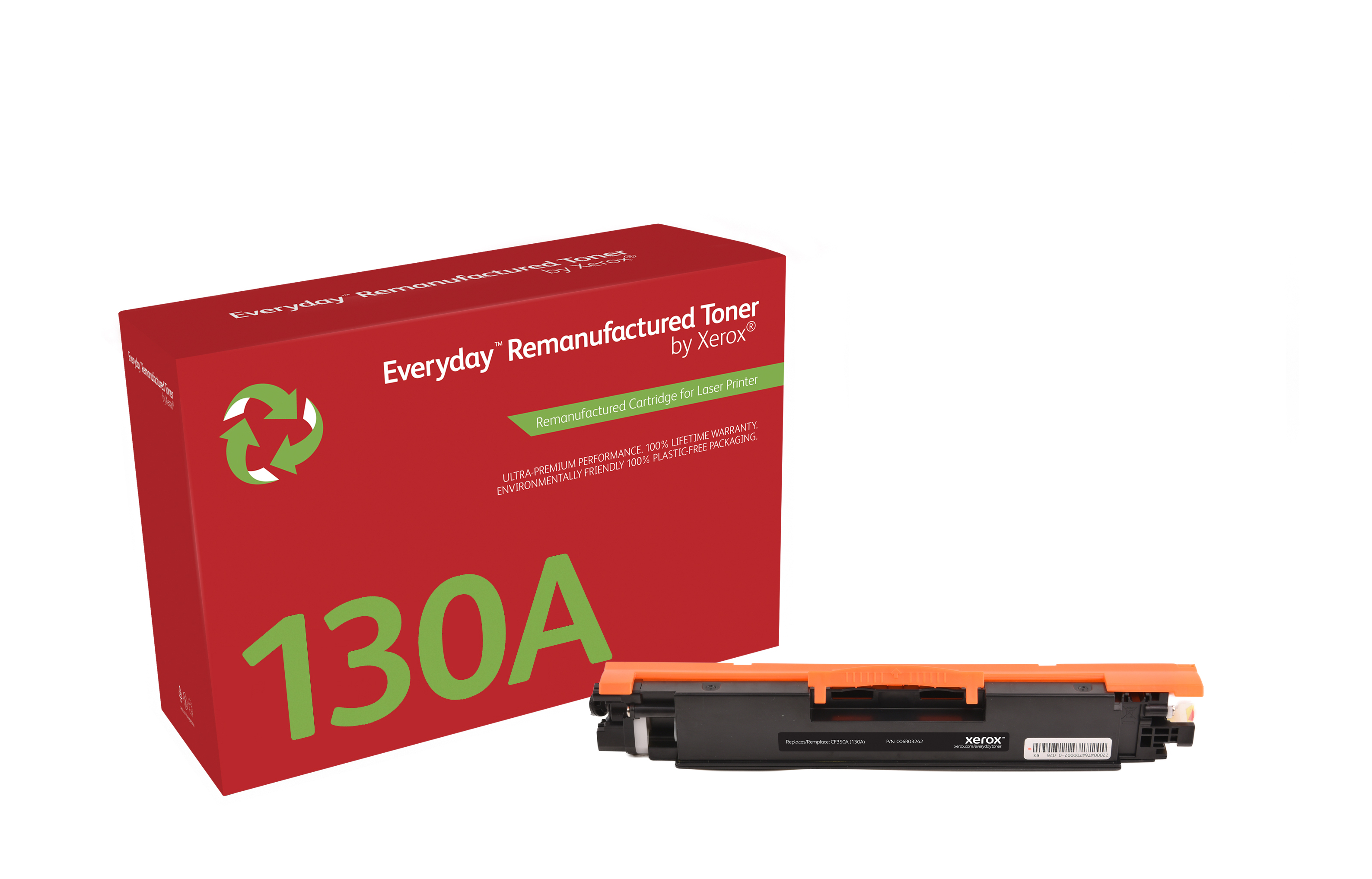 Rode en witte doos met groen recyclingsymbool en zwarte en oranje tonercartridge.