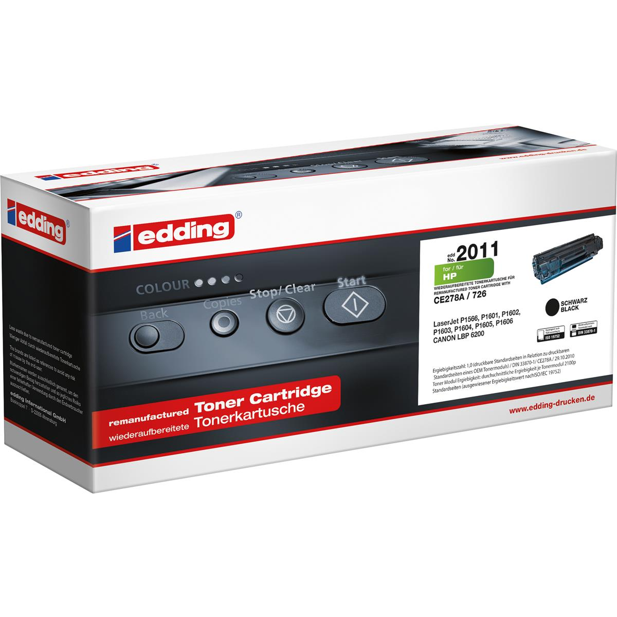 Pudełko z tonerem z tekstem i etykietami, ilustrujące szczegóły produktu.