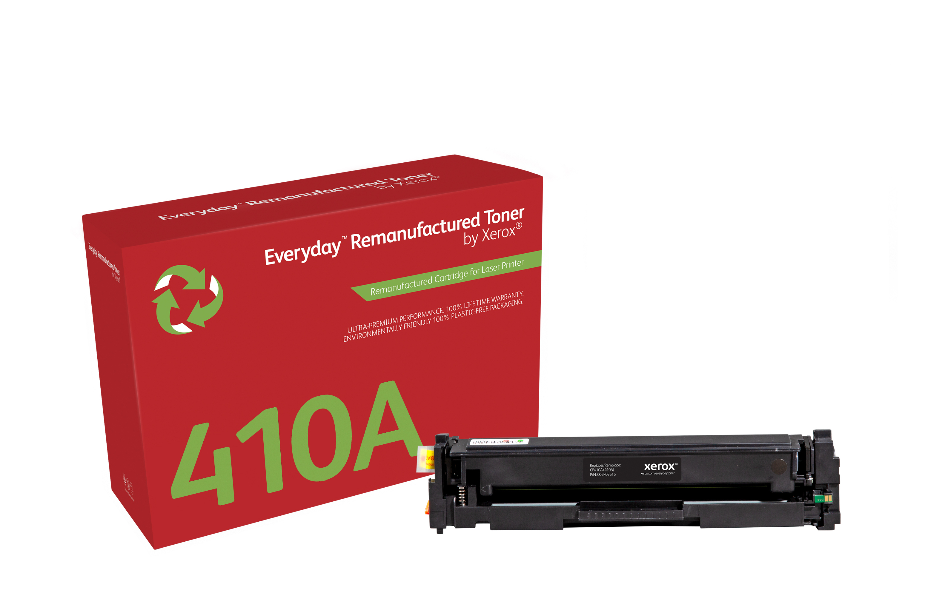 Scatola di toner rossa e nera con una cartuccia di toner accanto.
