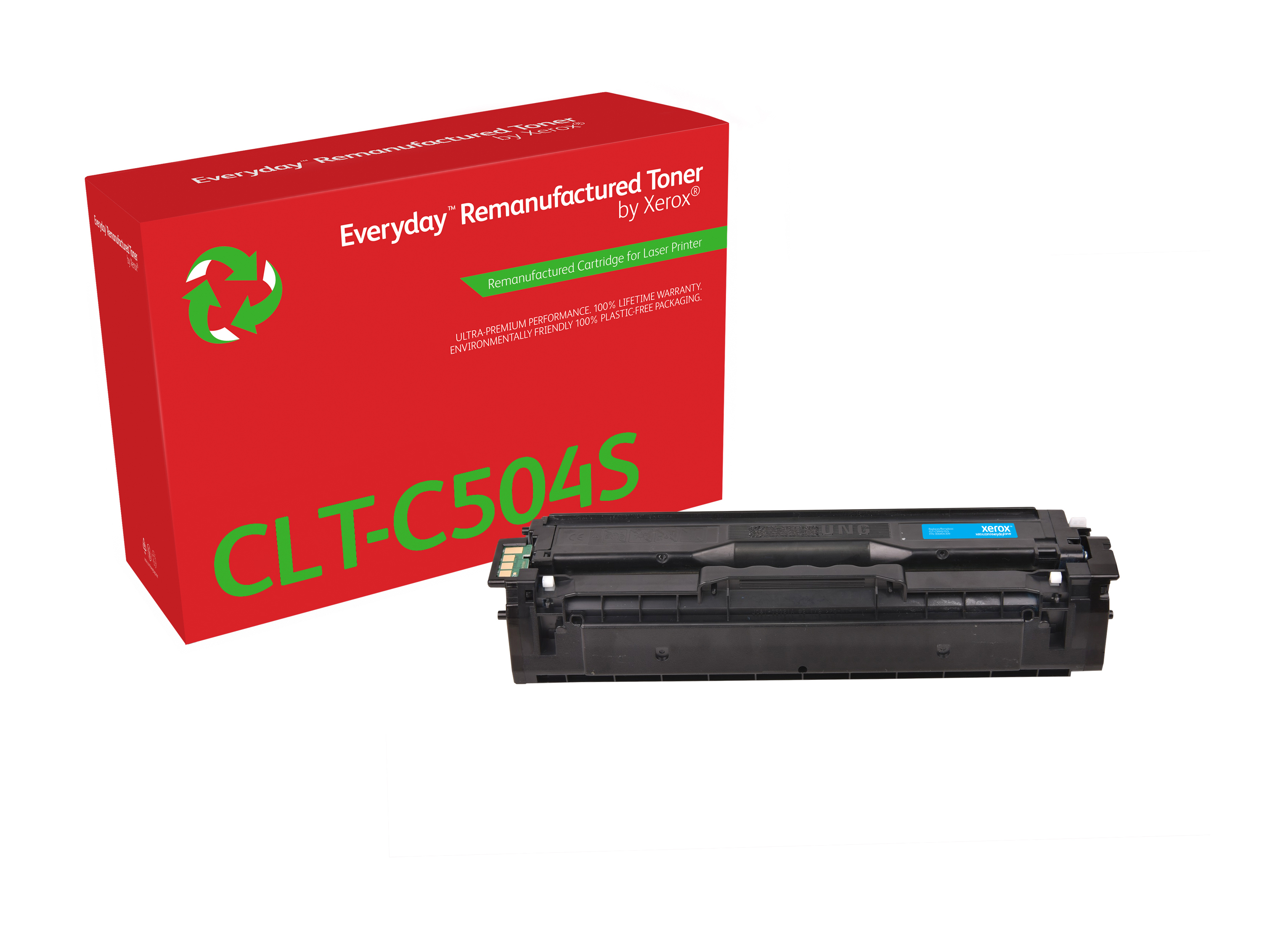 Czerwone pudełko z 'Everyday Remanufactured Toner' i cyjanowy toner.