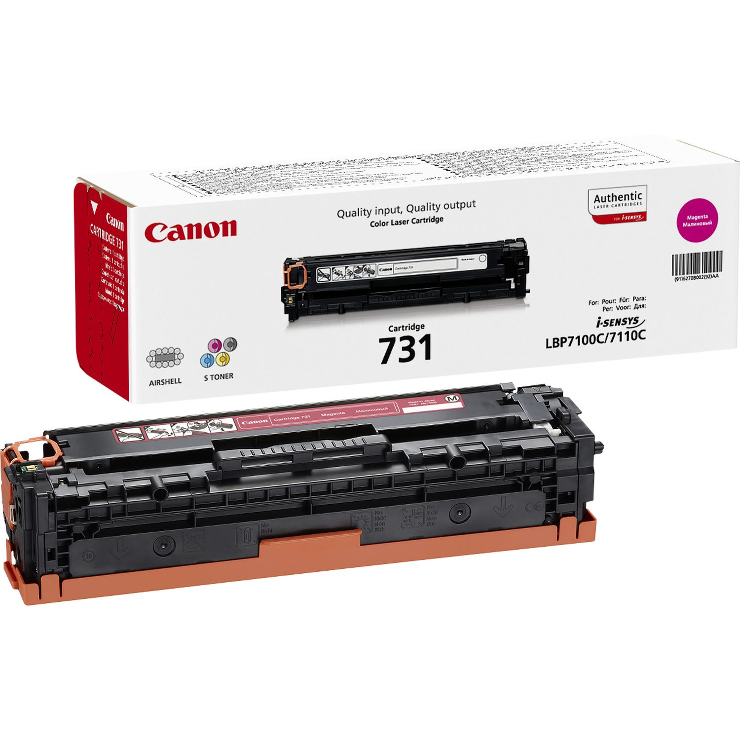 Canon 731 magenta toner kartuşu ve kutusu, beyaz zemin.