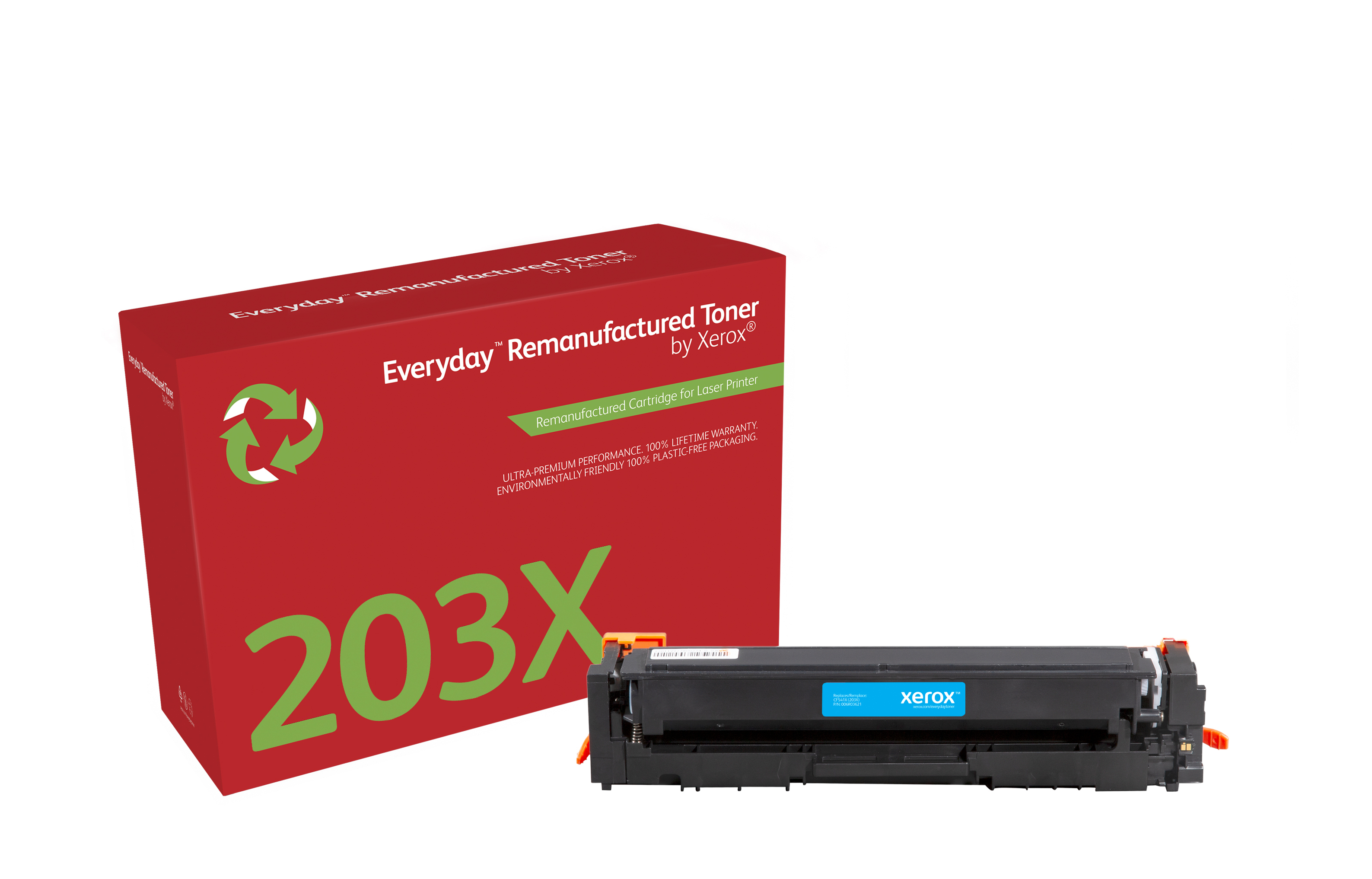 Rode doos met tonercartridge. Doos zegt 'Everyday Remanufactured Toner', en '203X'. Cartridge is zwart en blauw.