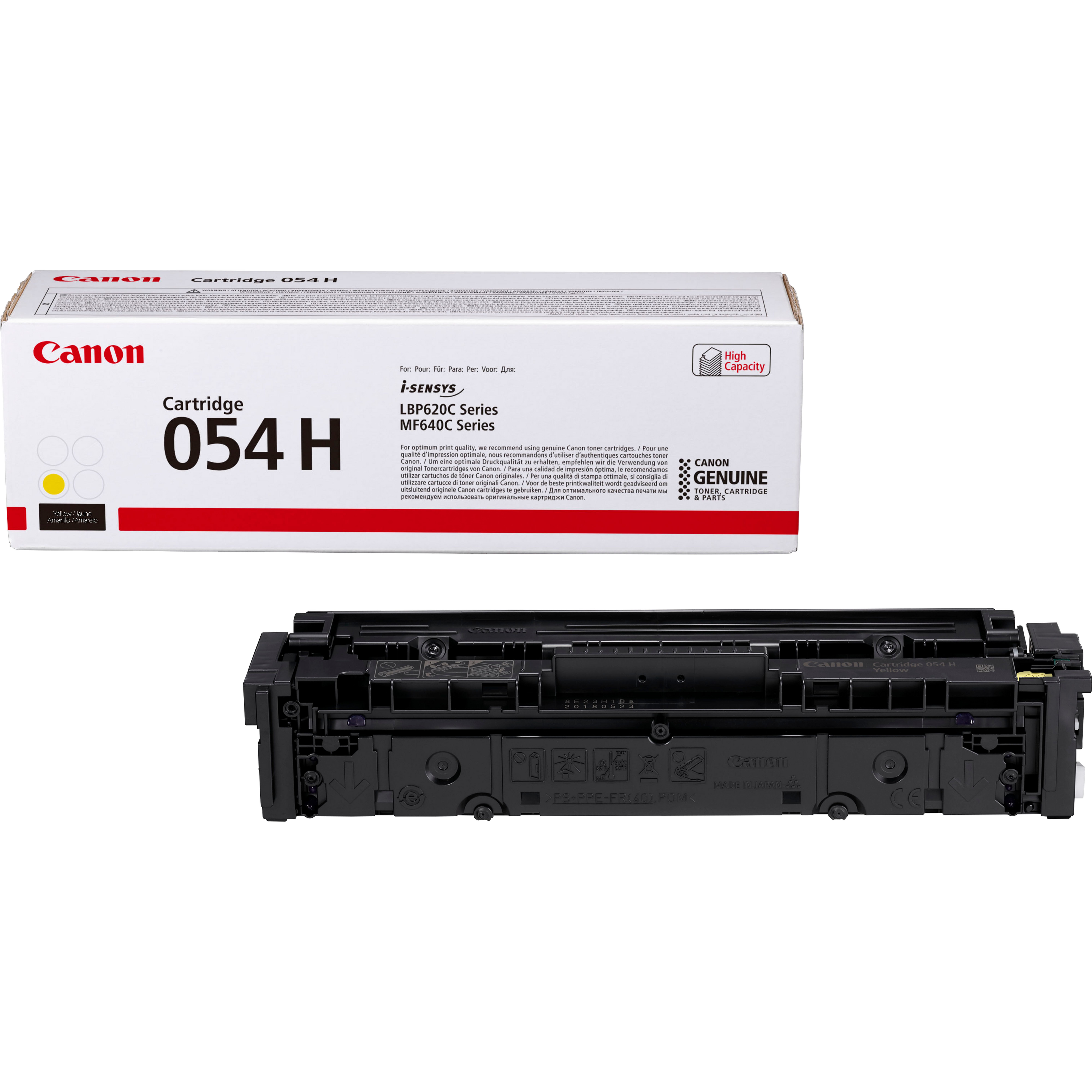 Pudełko z wkładem Canon 054H z żółtym tonerem w środku.