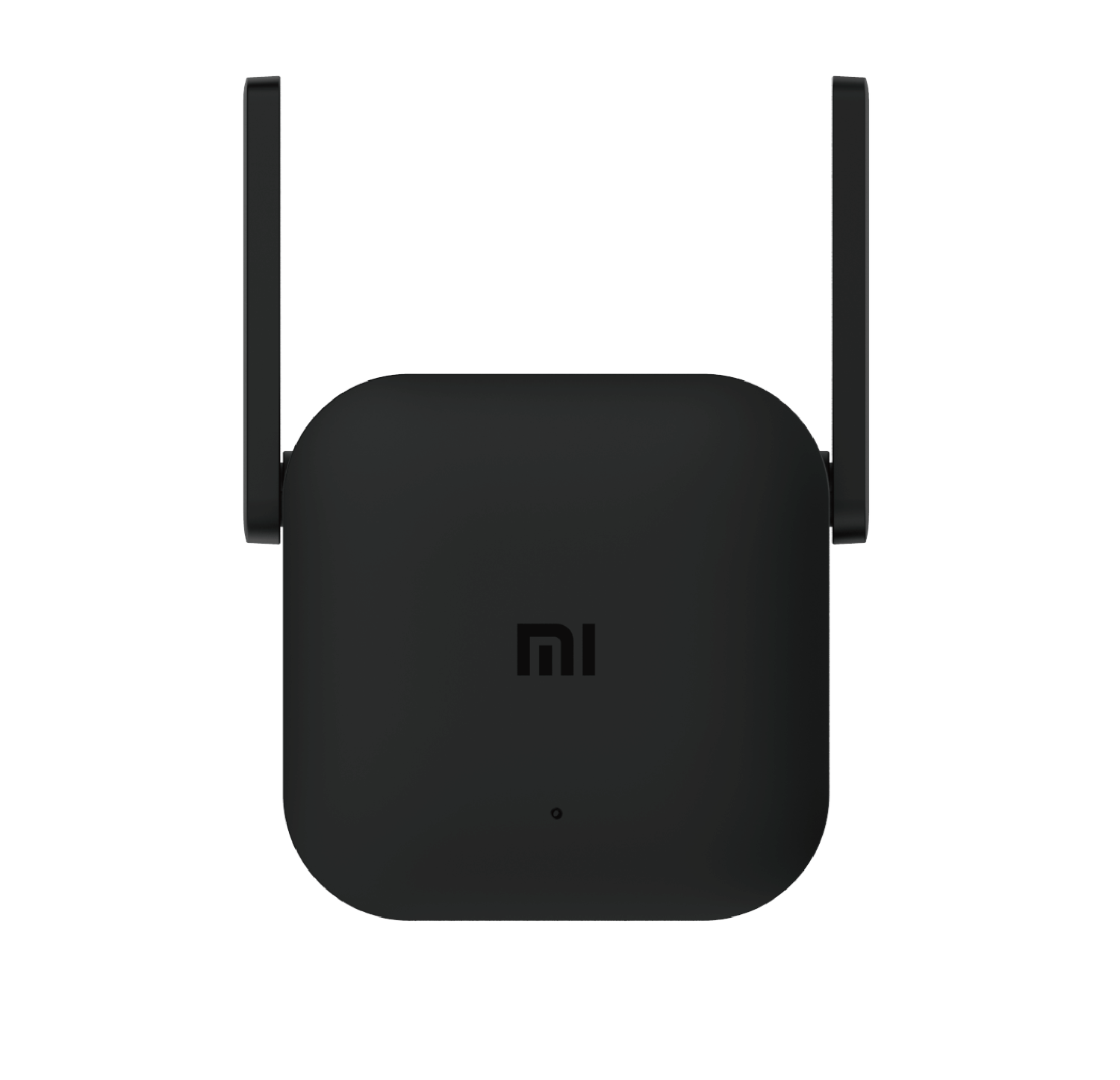 Czarny wzmacniacz Wi-Fi Xiaomi z dwiema antenami. Wzmacniacz ma prosty design z centralnym logo.