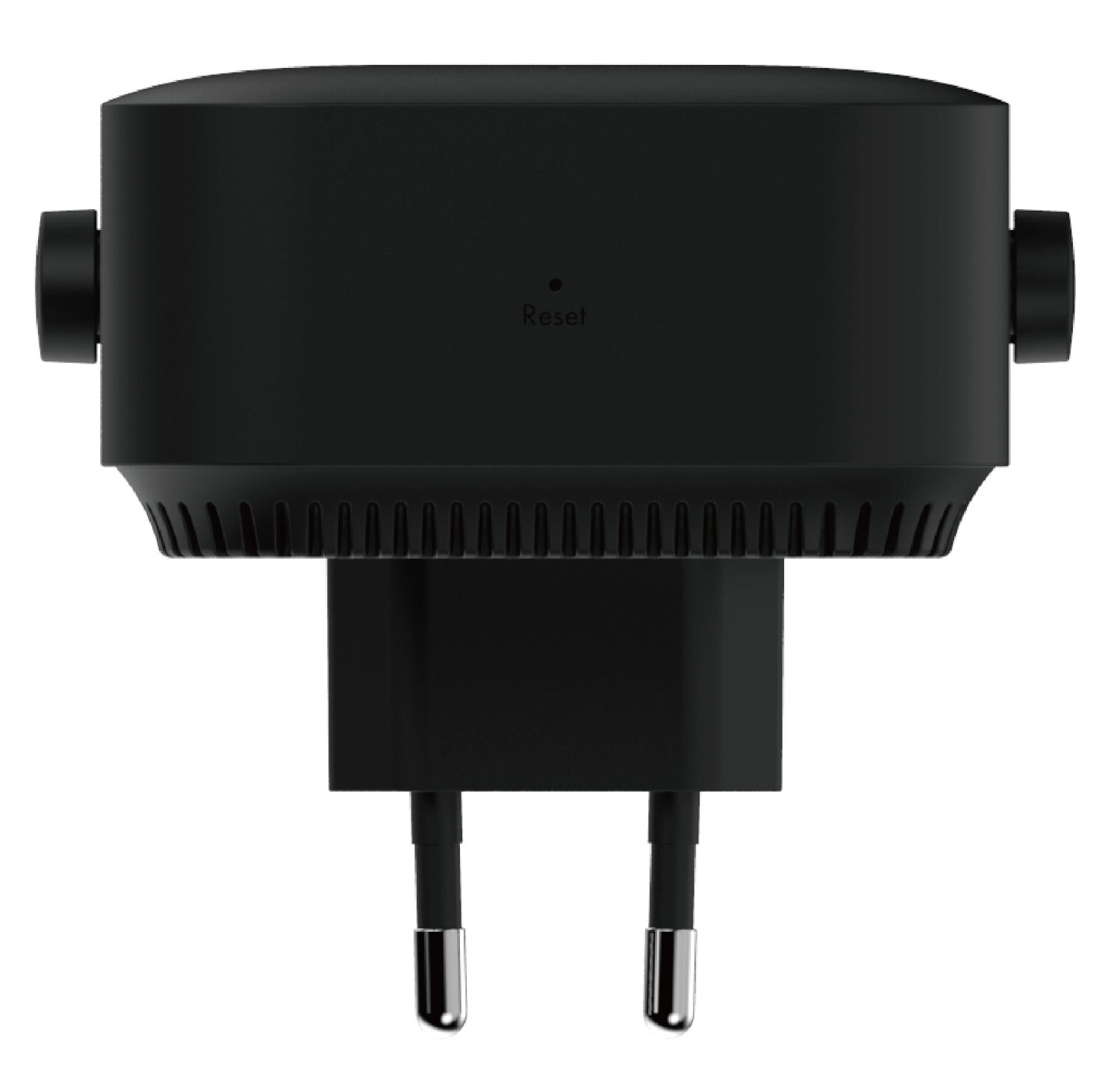 Czarny przedłużacz sieciowy z dwoma bolcami. Ma przycisk resetowania i żebrowany design.