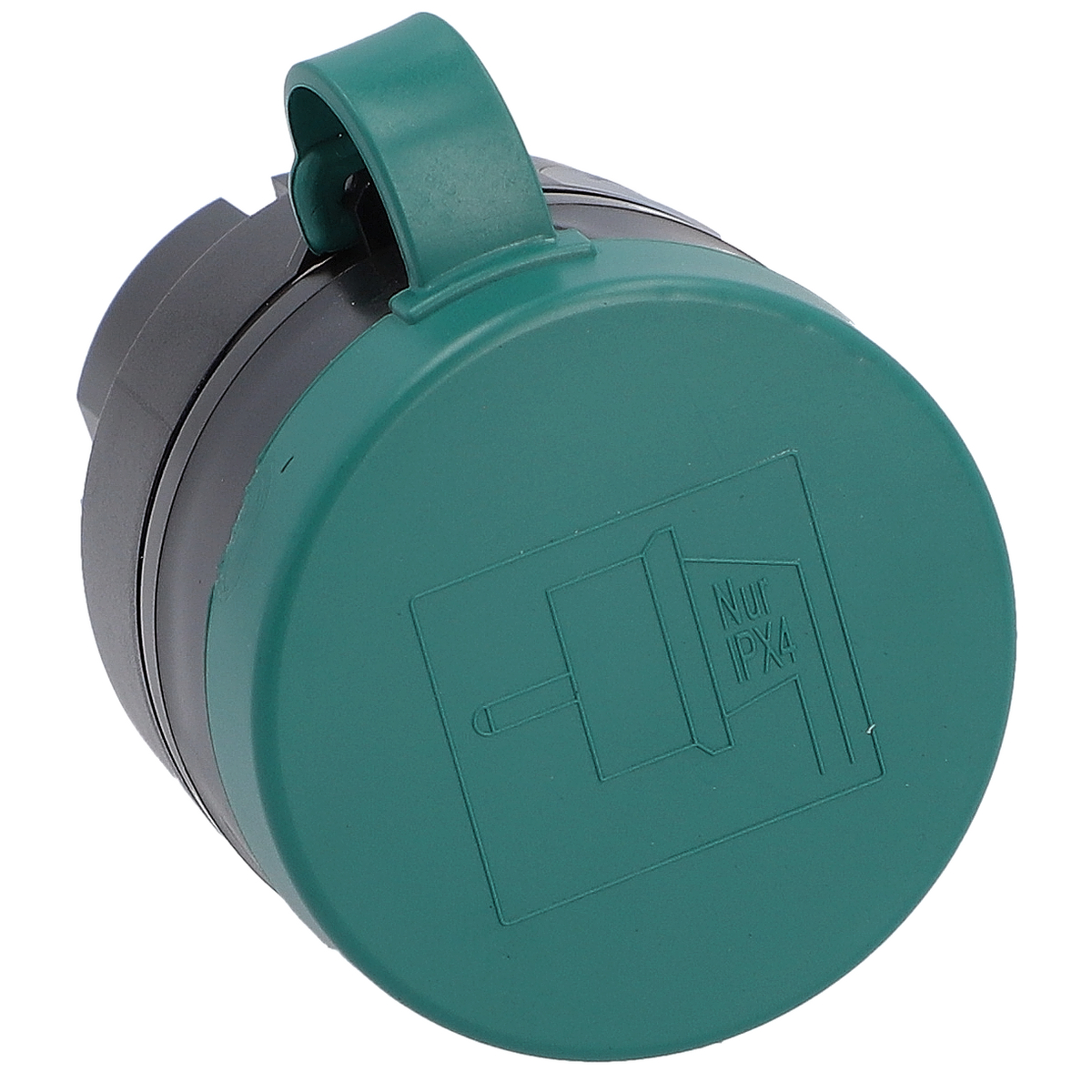 Ein grüner und schwarzer wasserdichter Stecker mit Griff, beschriftet mit "NUI IPX4".