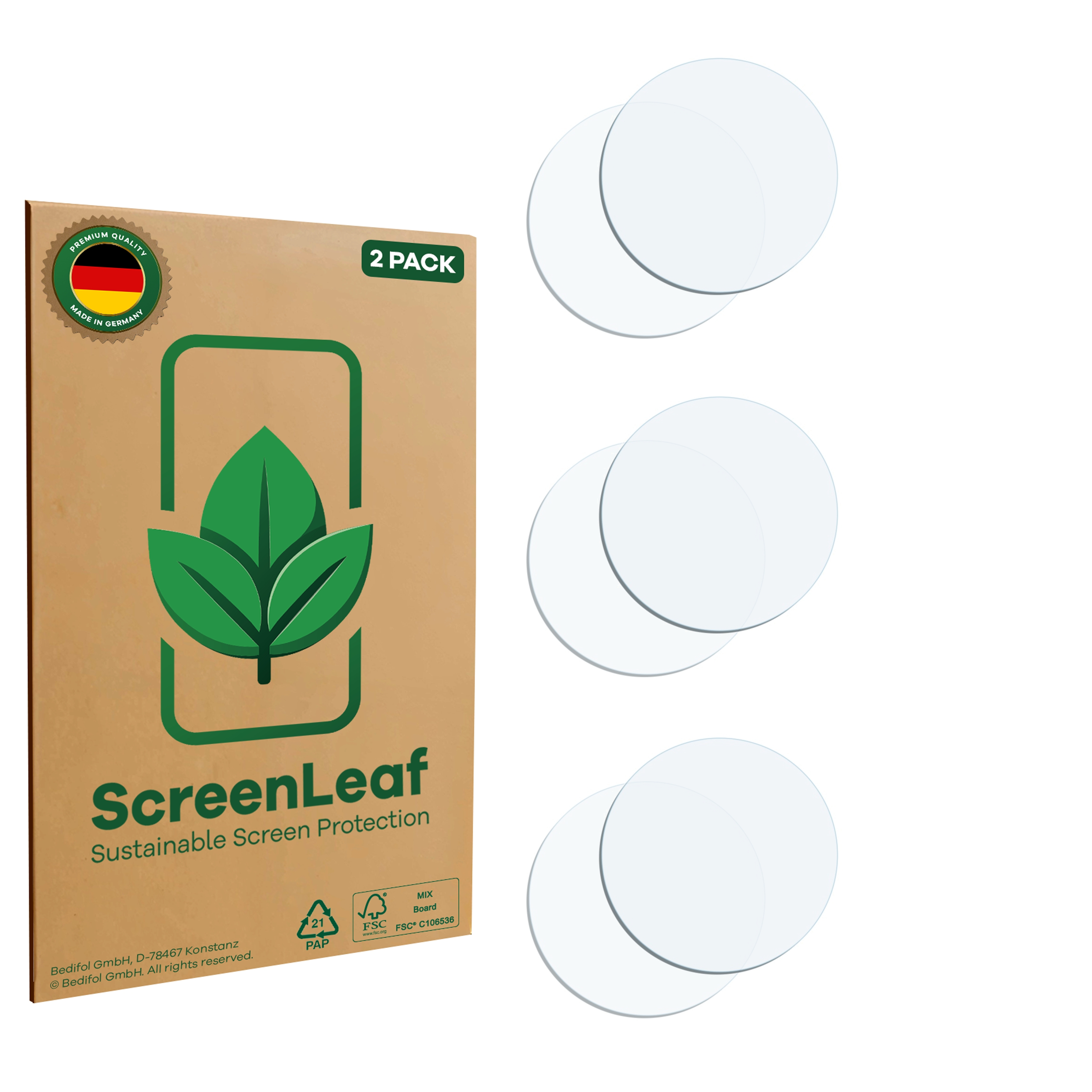 Eine Packung Displayschutzfolien und drei klare Schutzfolien auf weißem Hintergrund.