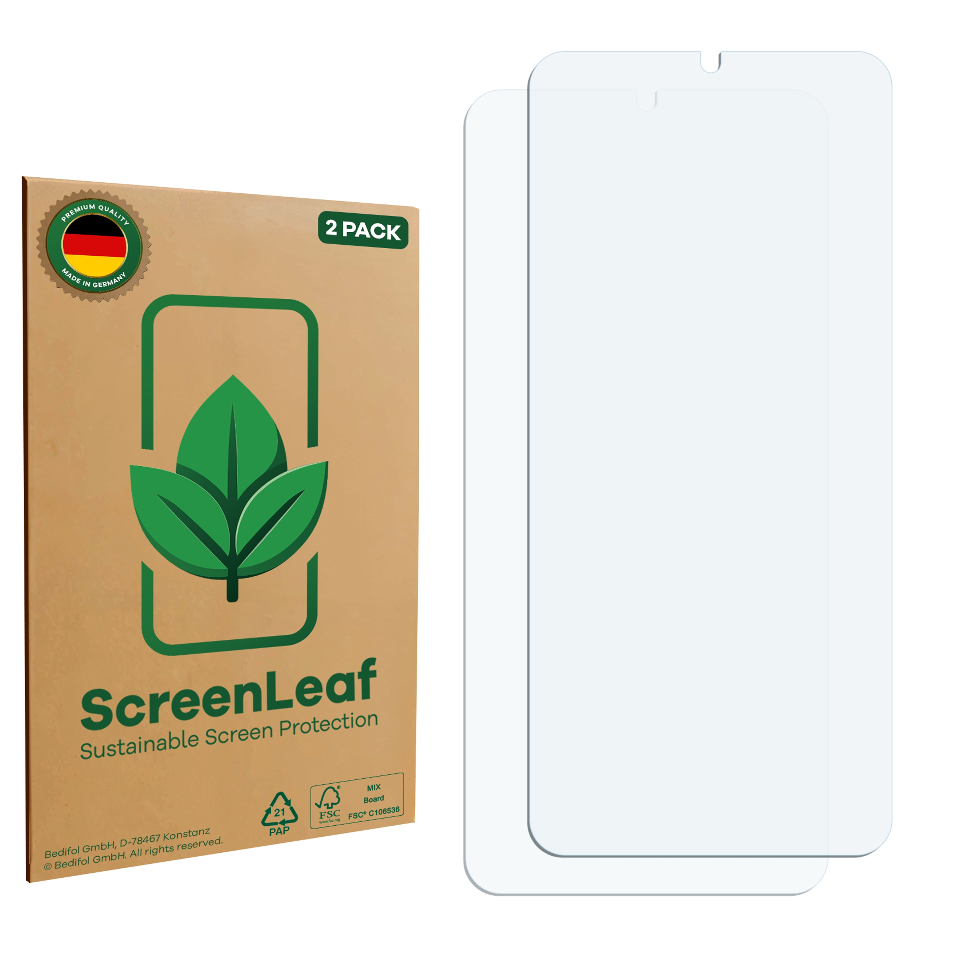 Schachtel mit Grafiken zum Displayschutz und zwei klaren Displayschutzfolien. Auf der Schachtel steht 2er-Pack.