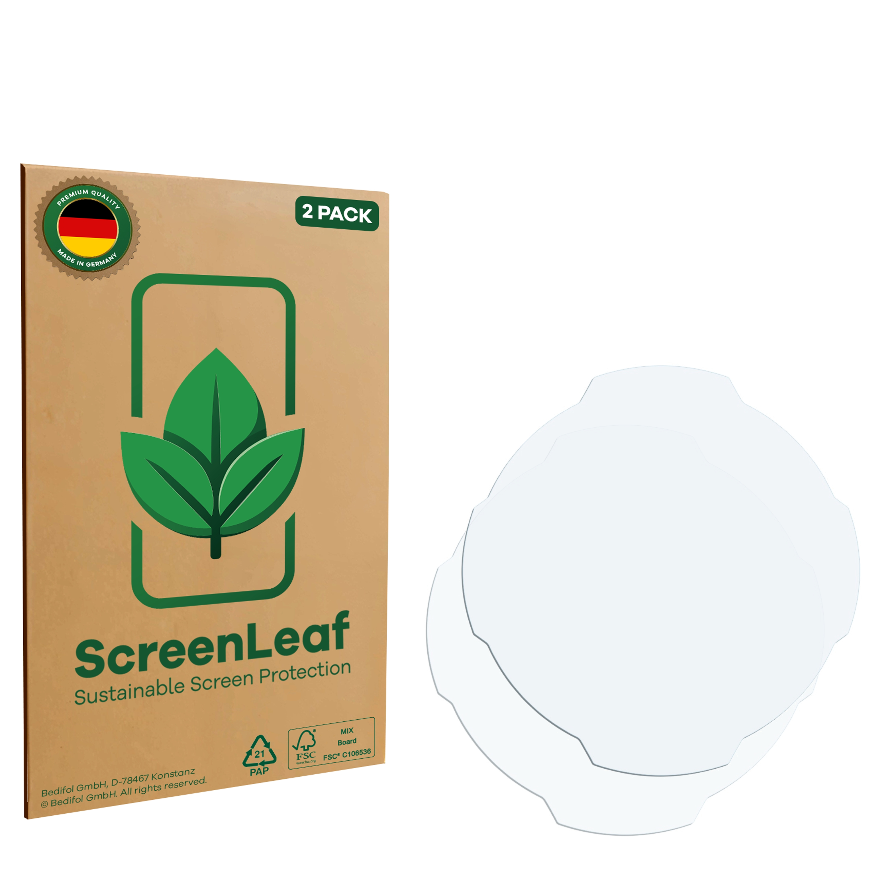 Eine ScreenLeaf 2er-Pack-Box mit runden Displayschutzfolien und der Box.