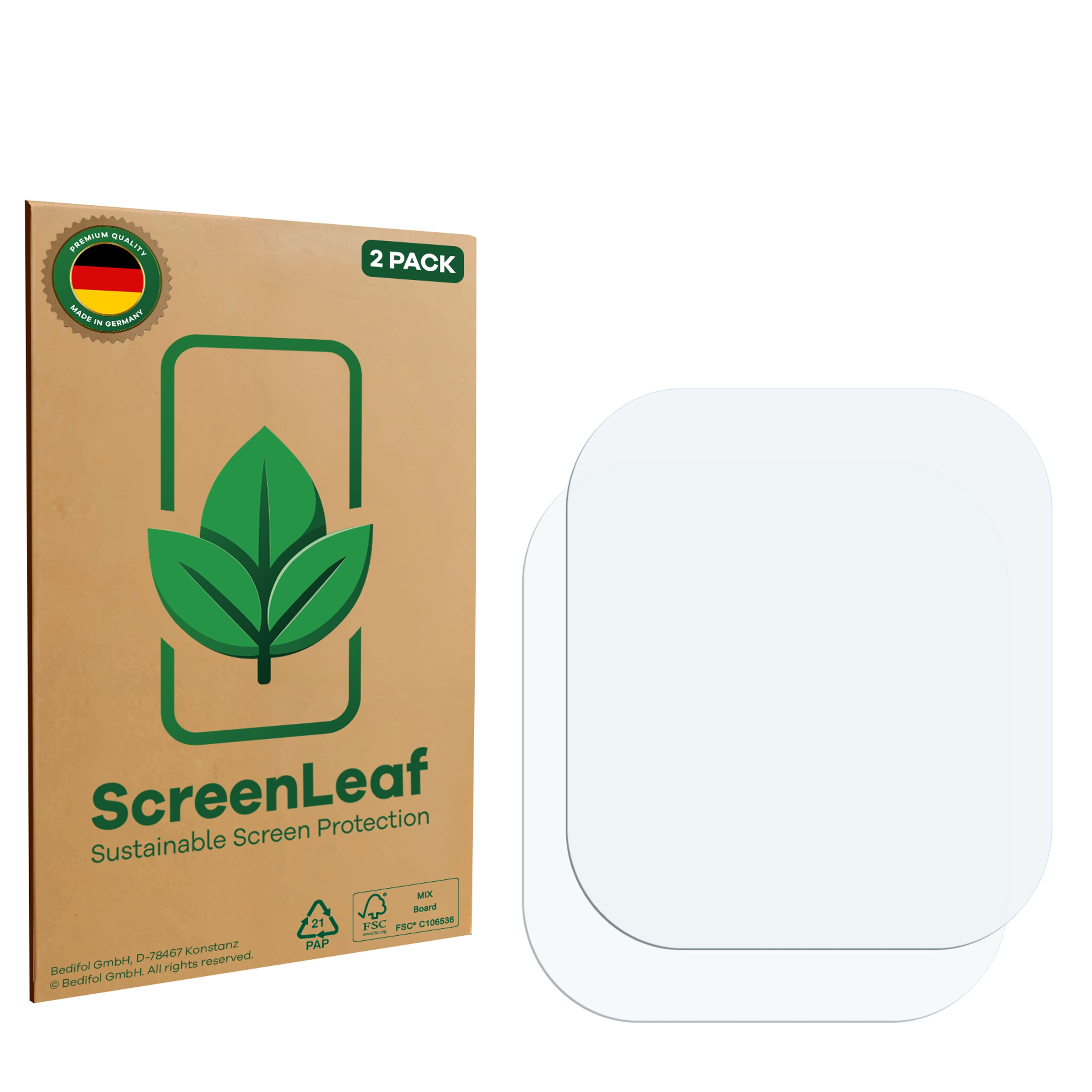 ScreenLeaf Displayschutzfolienverpackung mit zwei transparenten Displayschutzfolien.