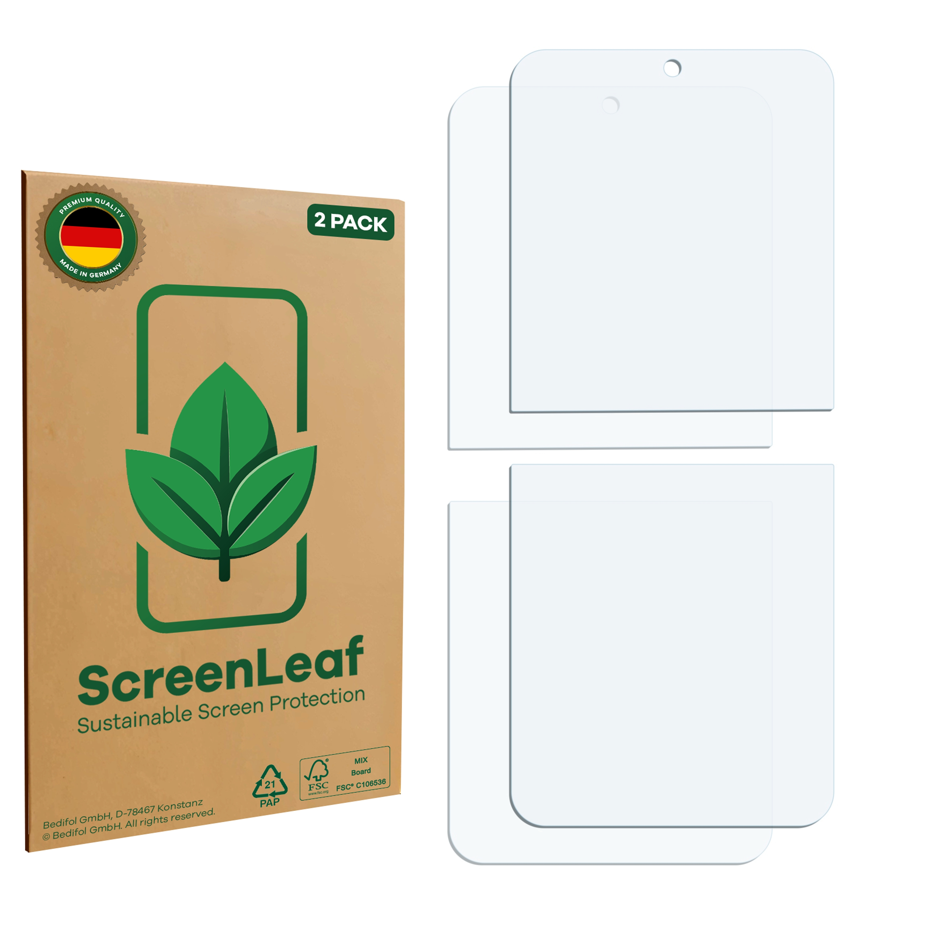 ScreenLeaf Displayschutzfolienverpackung und zwei klare Schutzfolien. Verpackung mit Blatt-Logo.