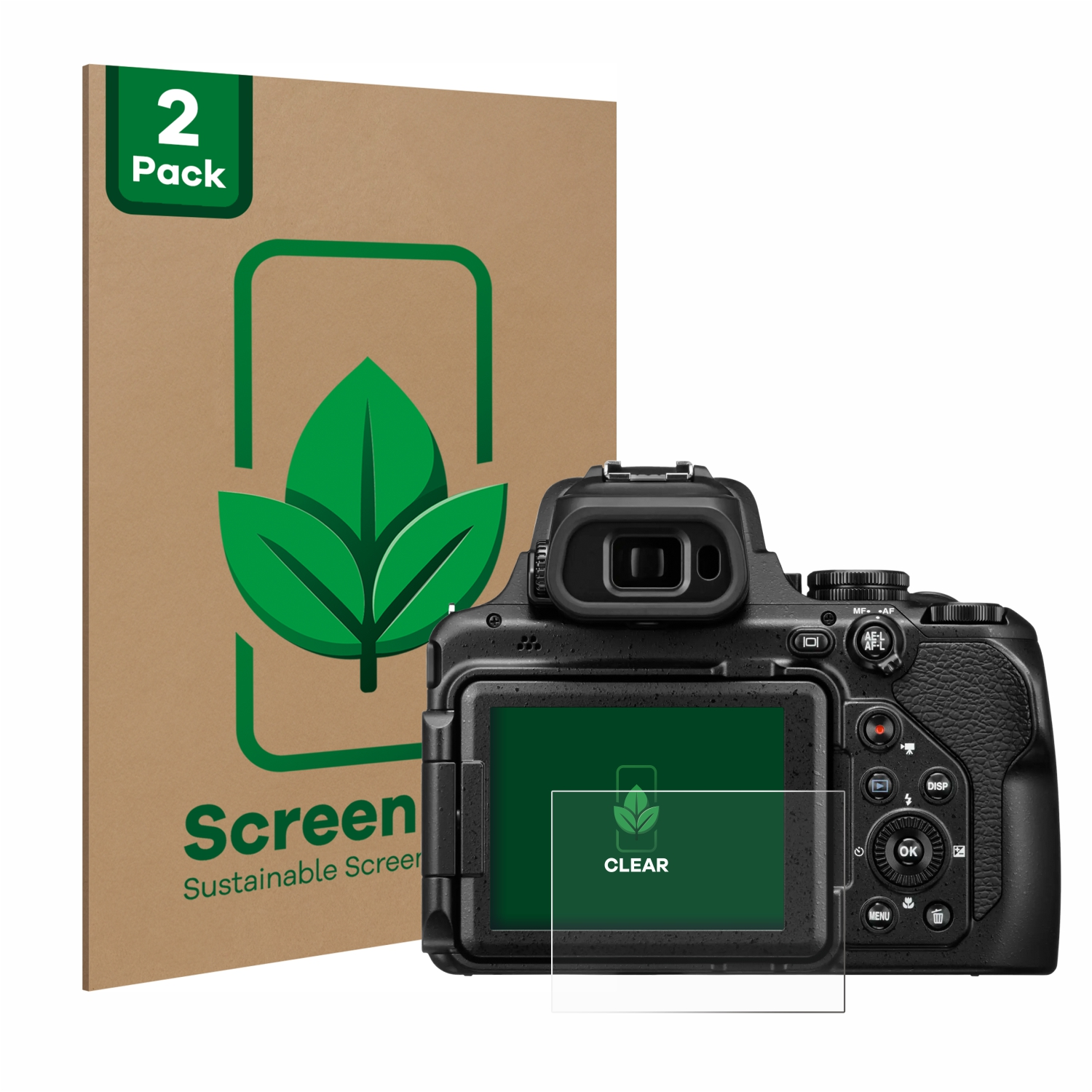 Eine Kamera mit Displayschutzfolie und eine Box mit grünem Blattlogo und der Marke Screen.