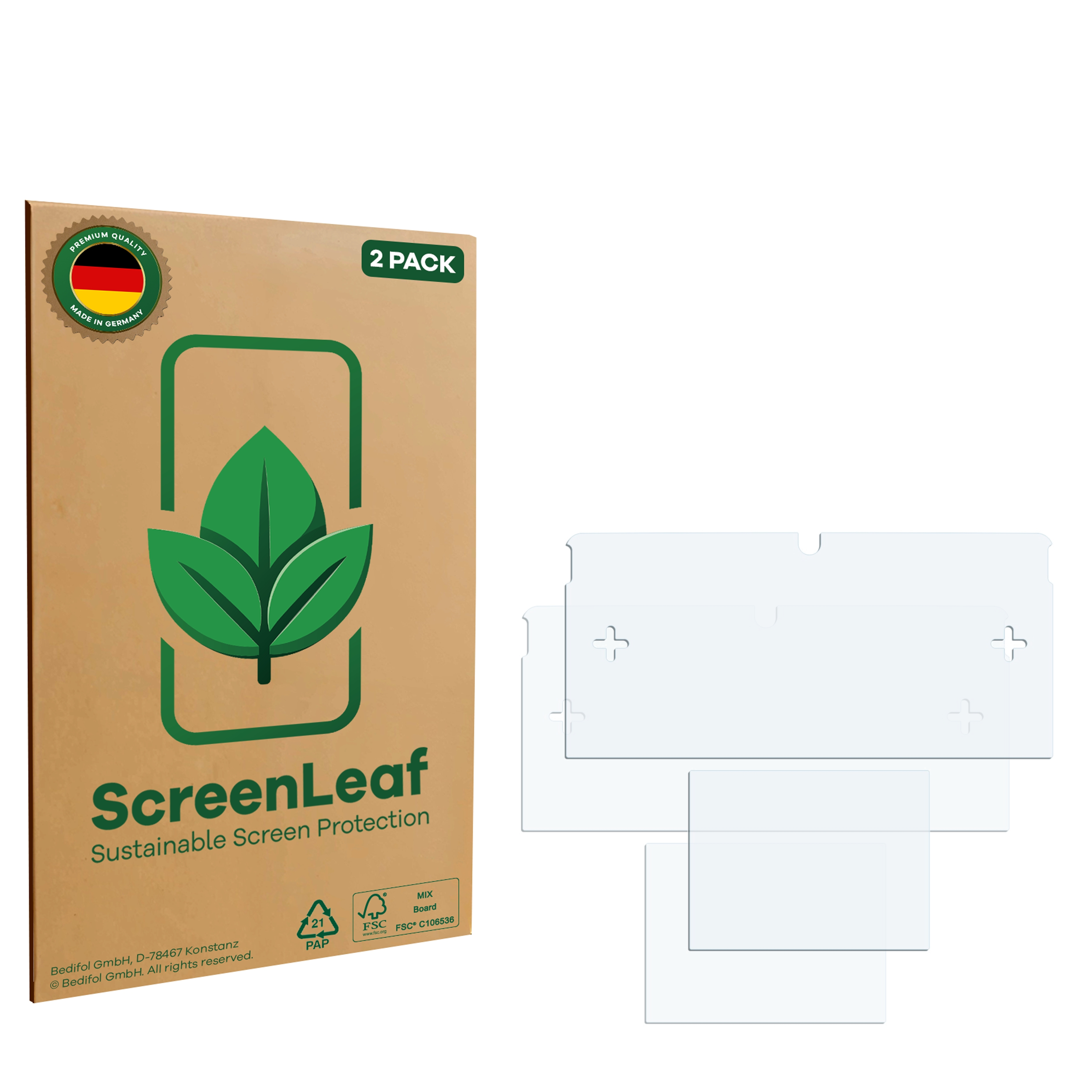 Bildschirmschutzfolienpackung. Braune Schachtel mit Blattlogo. Drei klare Bildschirmschutzfolien mit verschiedenen Aussparungen.