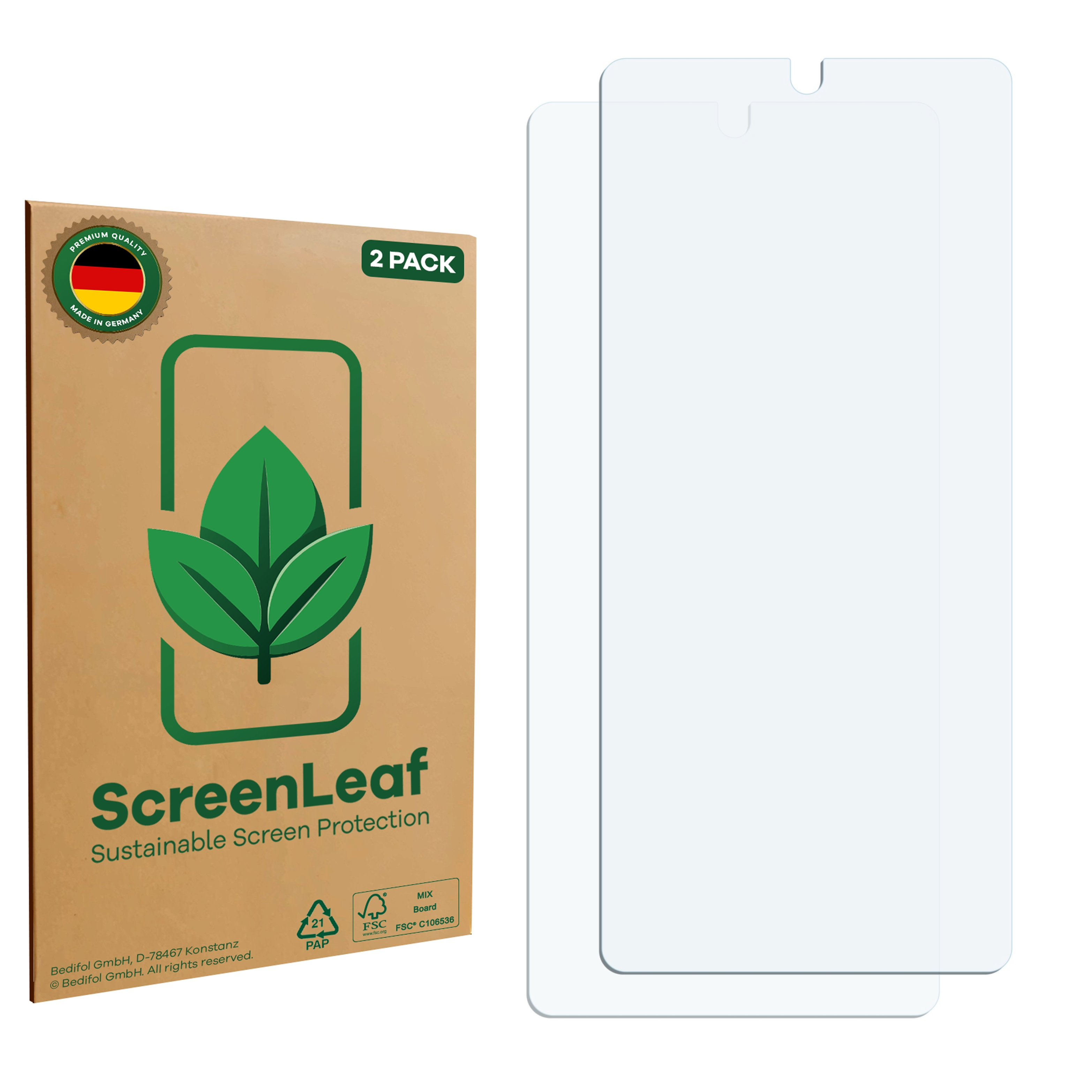 Zwei Displayschutzfolien in einer 2er-Packung, mit Logo und Text.