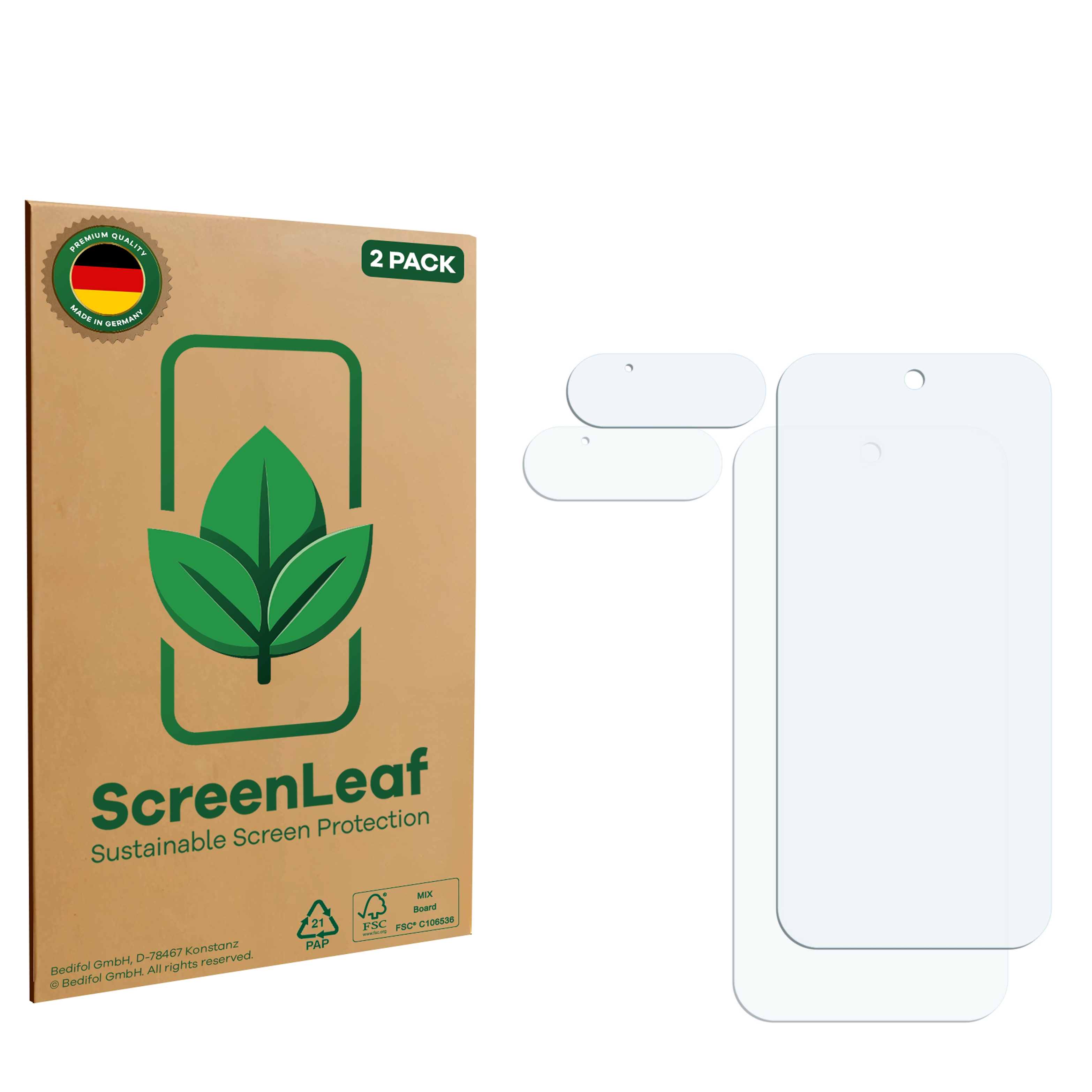 Zwei Displayschutzfolien in Verpackung mit grünem Blattlogo und Text.