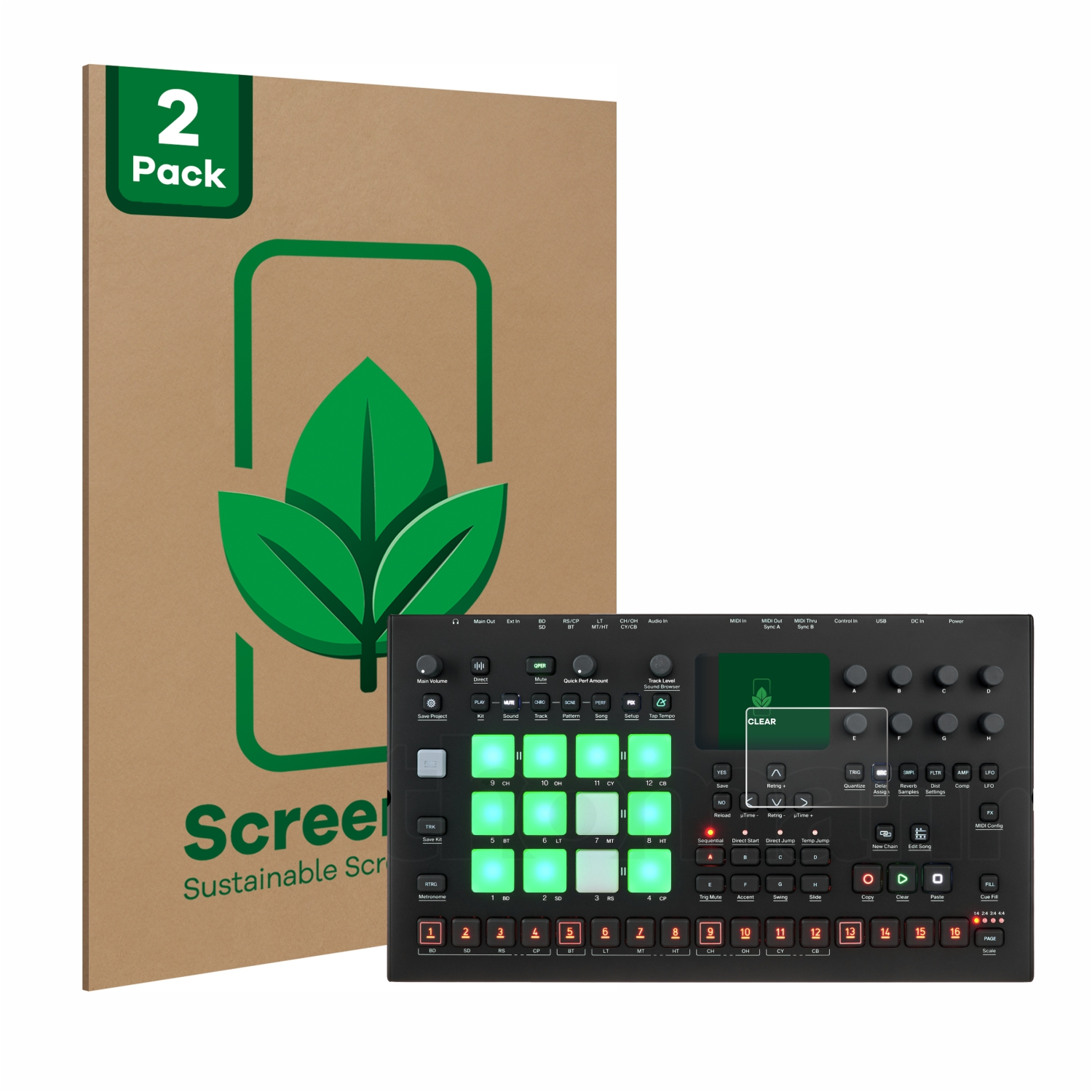 ScreenLeaf Displayschutzfolien-Paket neben einem schwarzen Controller. Grüne LED-Leuchten.