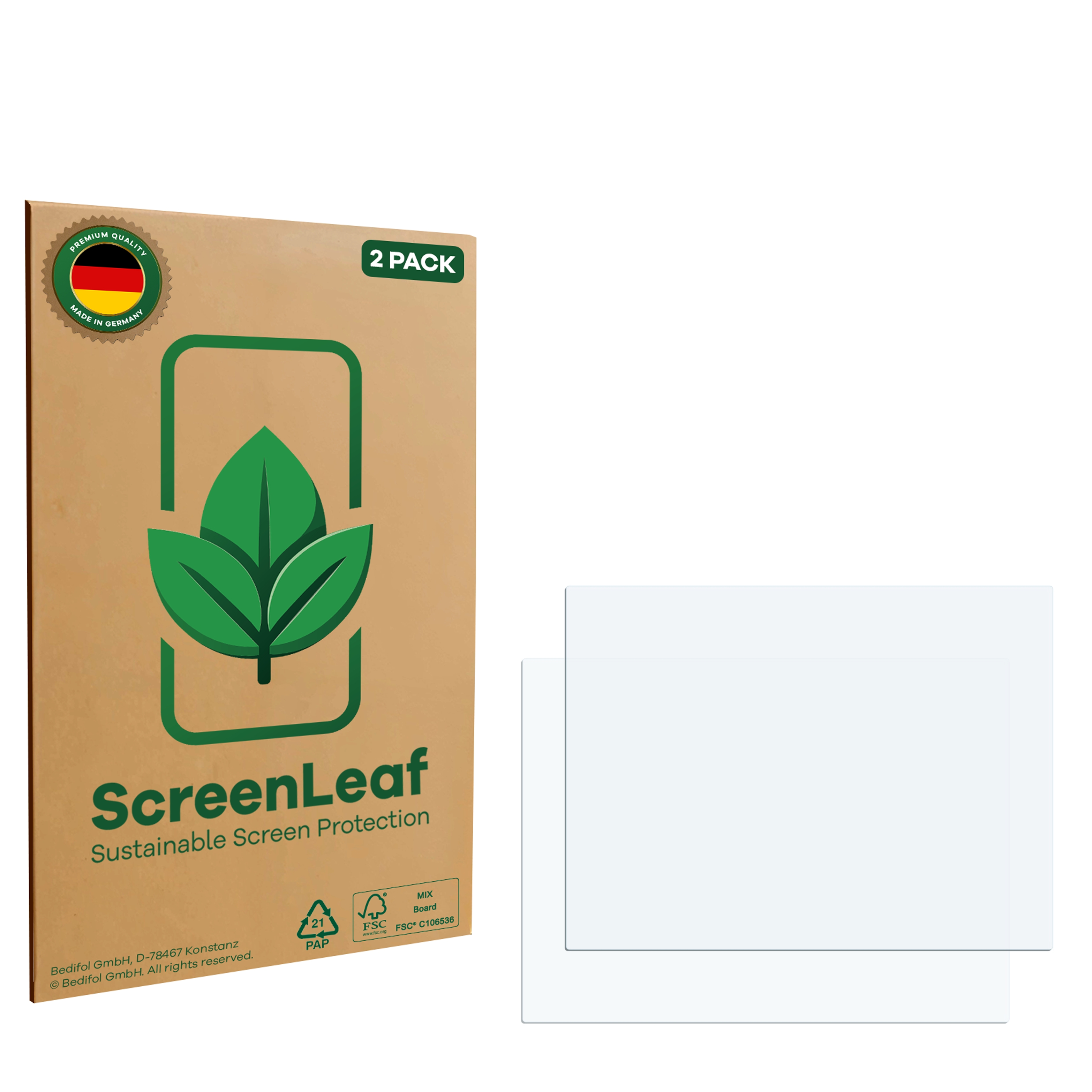 Zwei Displayschutzfolien in einer Box, mit einem Logo auf der Box, das ScreenLeaf sagt.