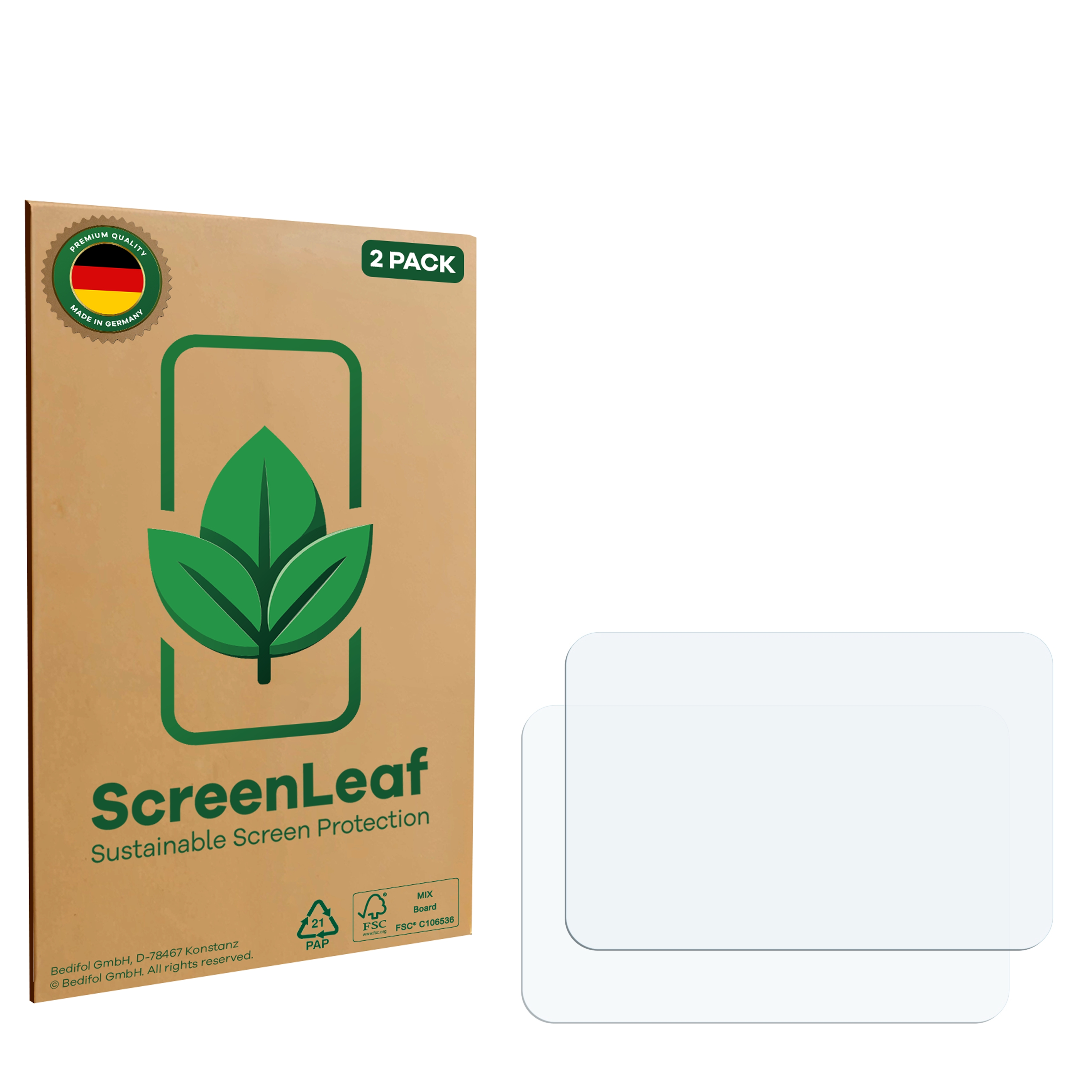 Karton mit Displayschutzfolien, Logo und Text. Rechts zwei klare Displayschutzfolien.