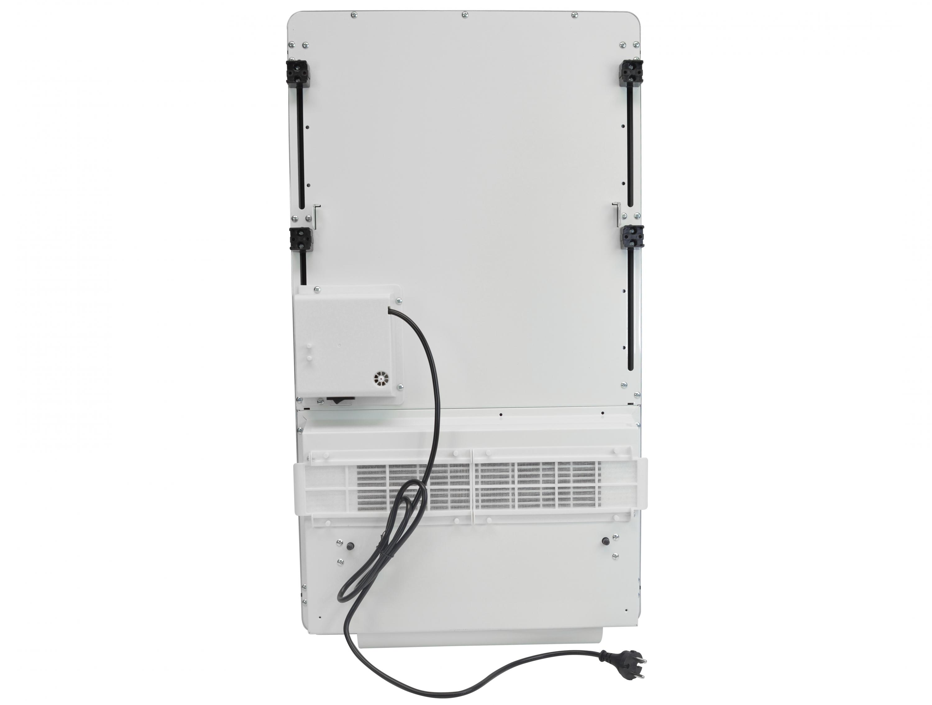 Parte trasera de un dispositivo blanco con cable de alimentación y soportes.