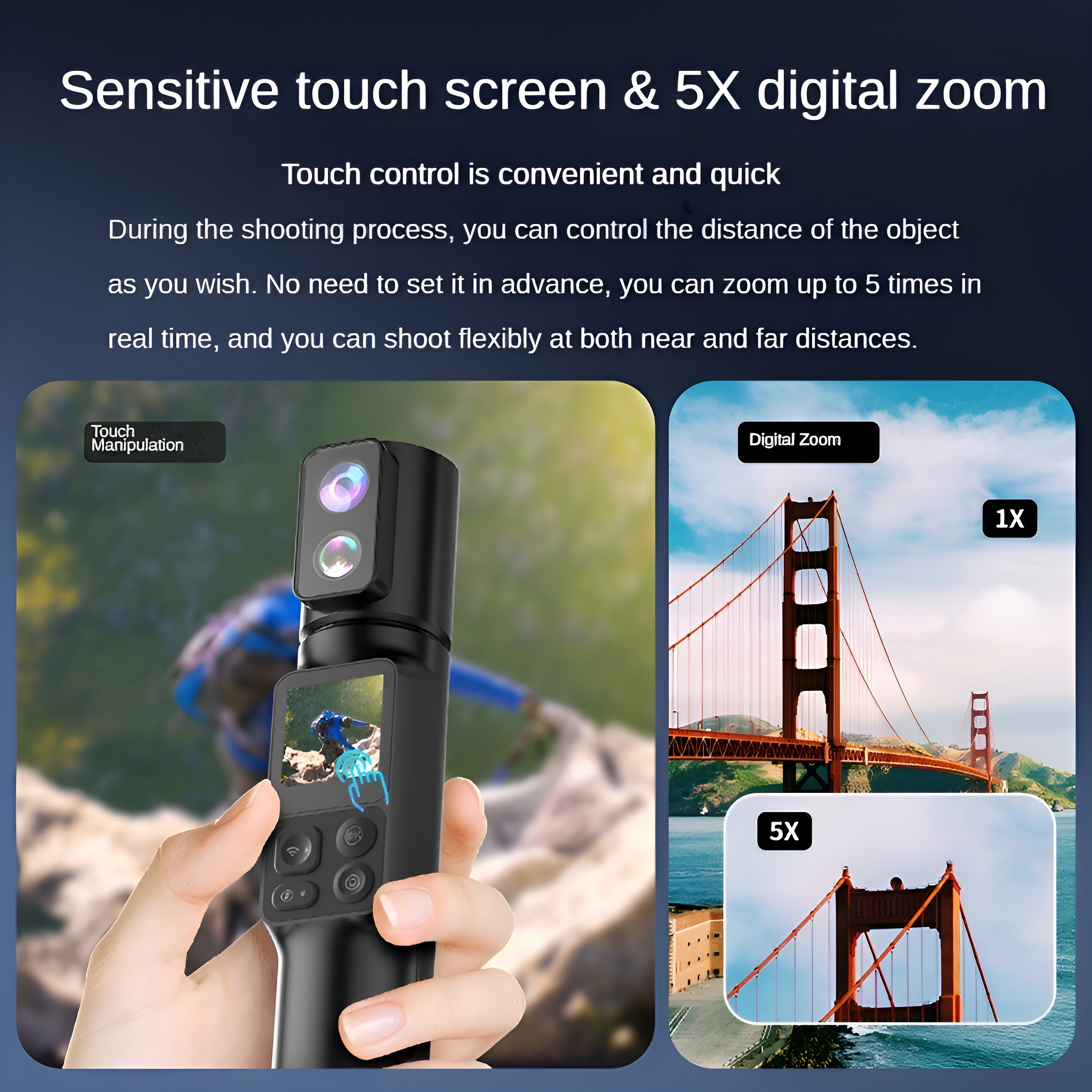 Ein schwarzes Gerät mit einem kleinen Bildschirm, der ein Bild der Golden Gate Bridge zeigt.