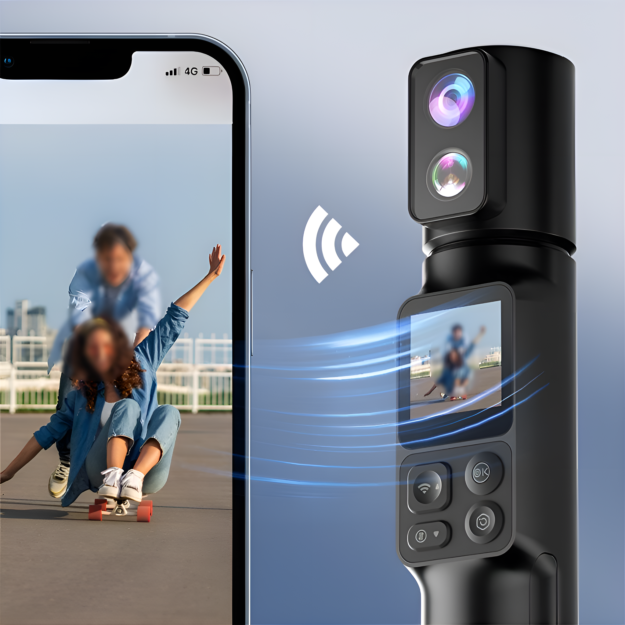 Ein Telefon zeigt ein Video eines Skateboarders. Eine schwarze Kamera zeichnet das Video auf und zeigt dieselbe Szene.