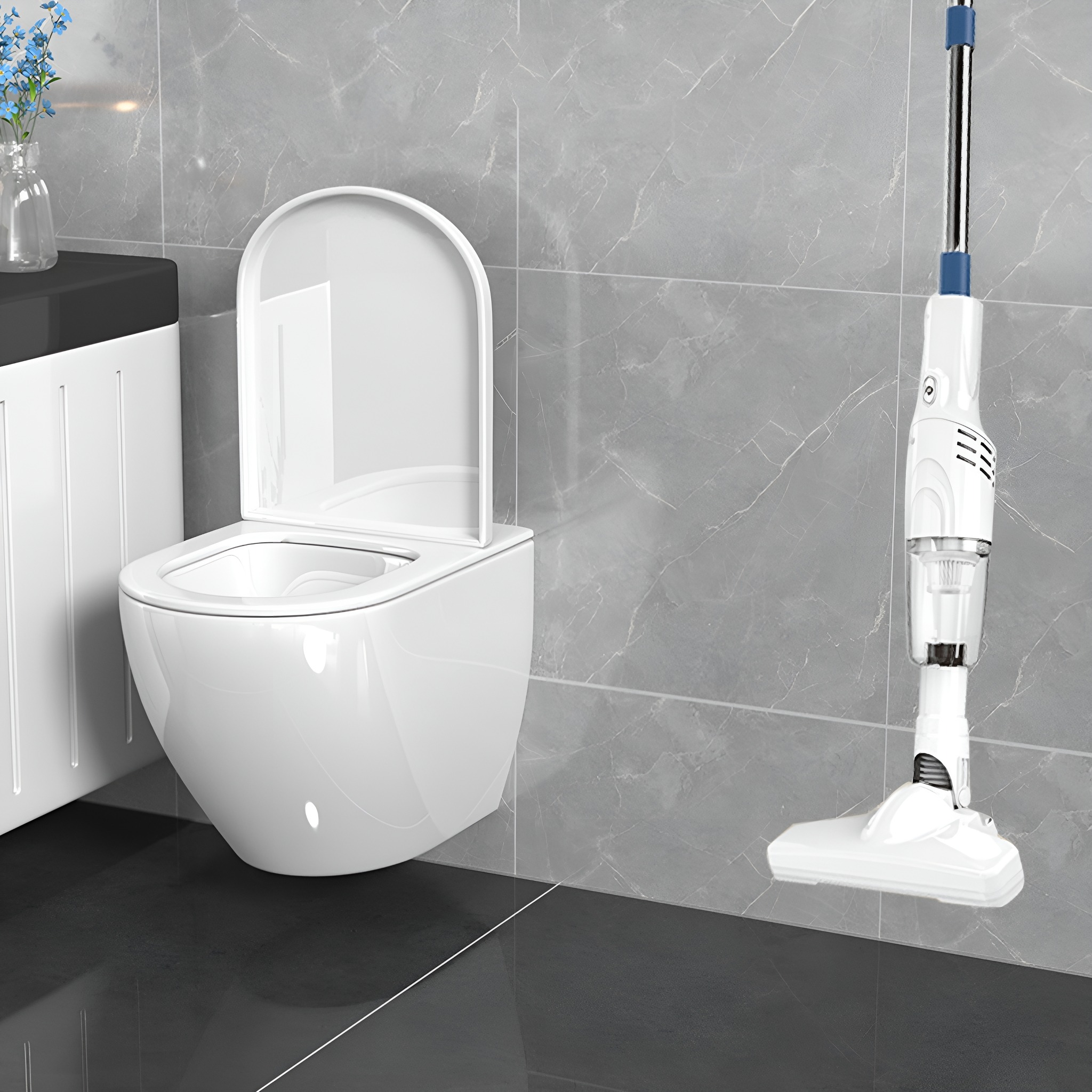 Eine Badezimmerszene. Eine Toilette mit offenem Deckel und ein weißer Wischmopp daneben.