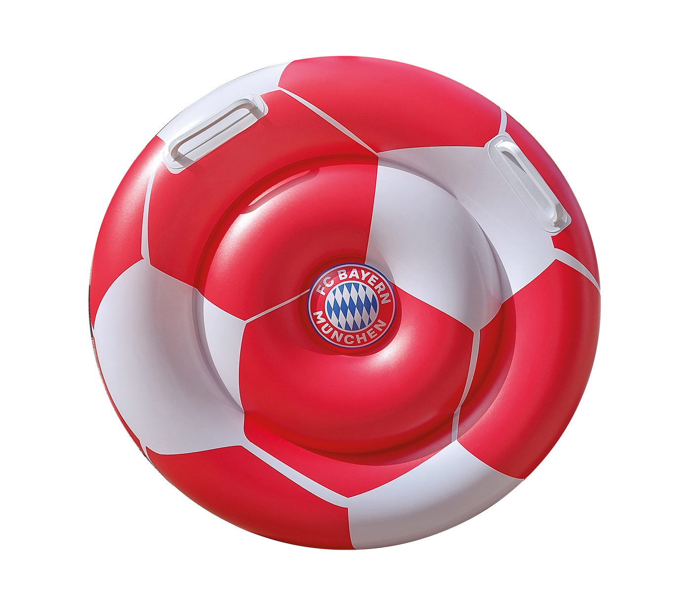 Ein rot-weißer aufblasbarer Fußballring mit dem FC Bayern München Logo auf weißem Hintergrund.